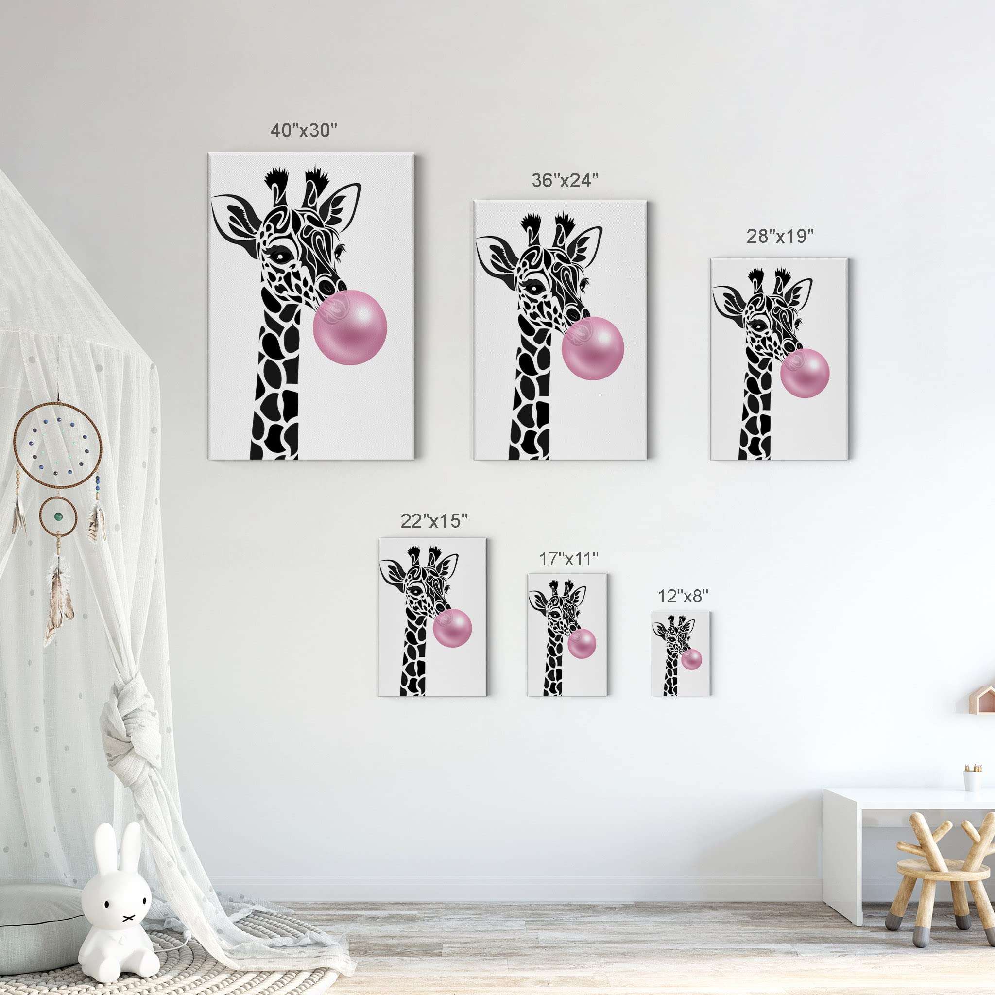 Cute Giraffe Canvas Wall Art - Pink Bubble Gum Animal Print Nursery Decor, 40x30 Inch Stretched Ready to Hang, Made in USA - Perfect for Kids Room, Baby Shower Gift & Playroom Decoration
