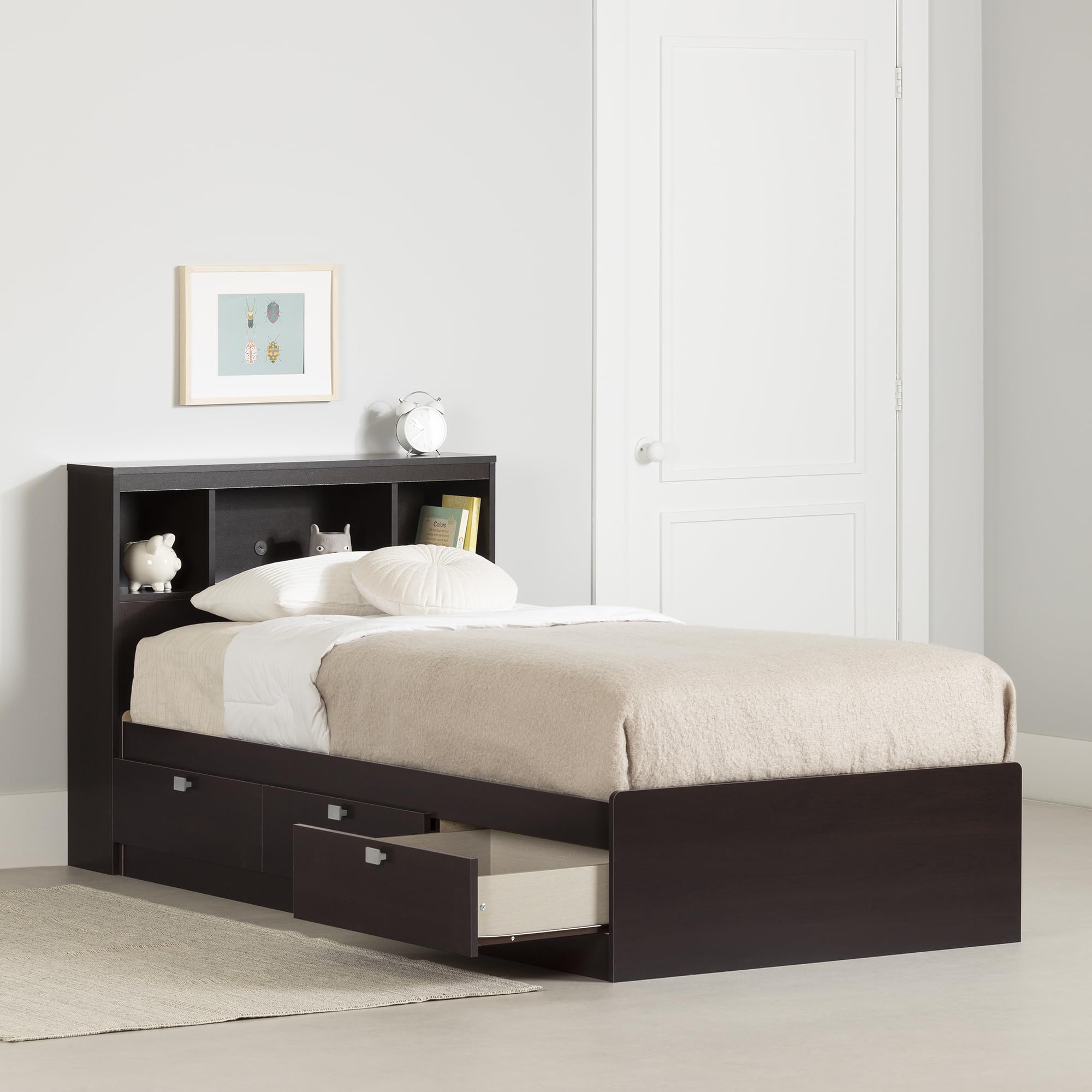 South Shore Twin Storage Bed with Bookcase Headboard in Chocolate - Space-Saving Kids Bedroom Furniture for Small Rooms & Dorm Organization