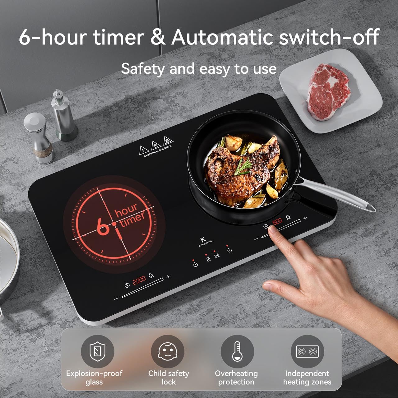 Portable Induction Cooktop 2 Burners - COOKNANO 3600W Double Induction Cooker with Independent Controls, 20 Power & Temperature Settings, 6-Hour Timer & Child Safety Lock - Perfect for Home Kitchen, Dorm, RV & Outdoor Cooking