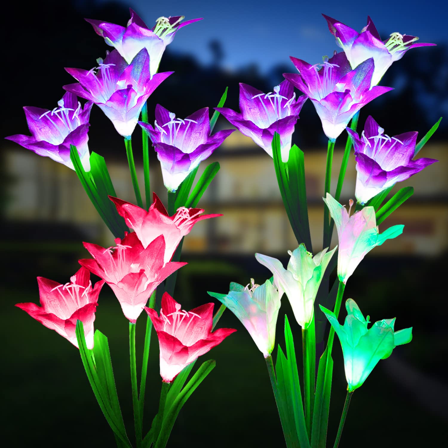 KOOPER 4 Pack Solar Garden Lights with Large Lily Flowers - Waterproof 7 Color Changing Outdoor Solar Lights for Patio, Yard & Garden Decoration | Big Solar Panel for Better Charging | Perfect for Pathways, Flower Beds & Landscape Lighting