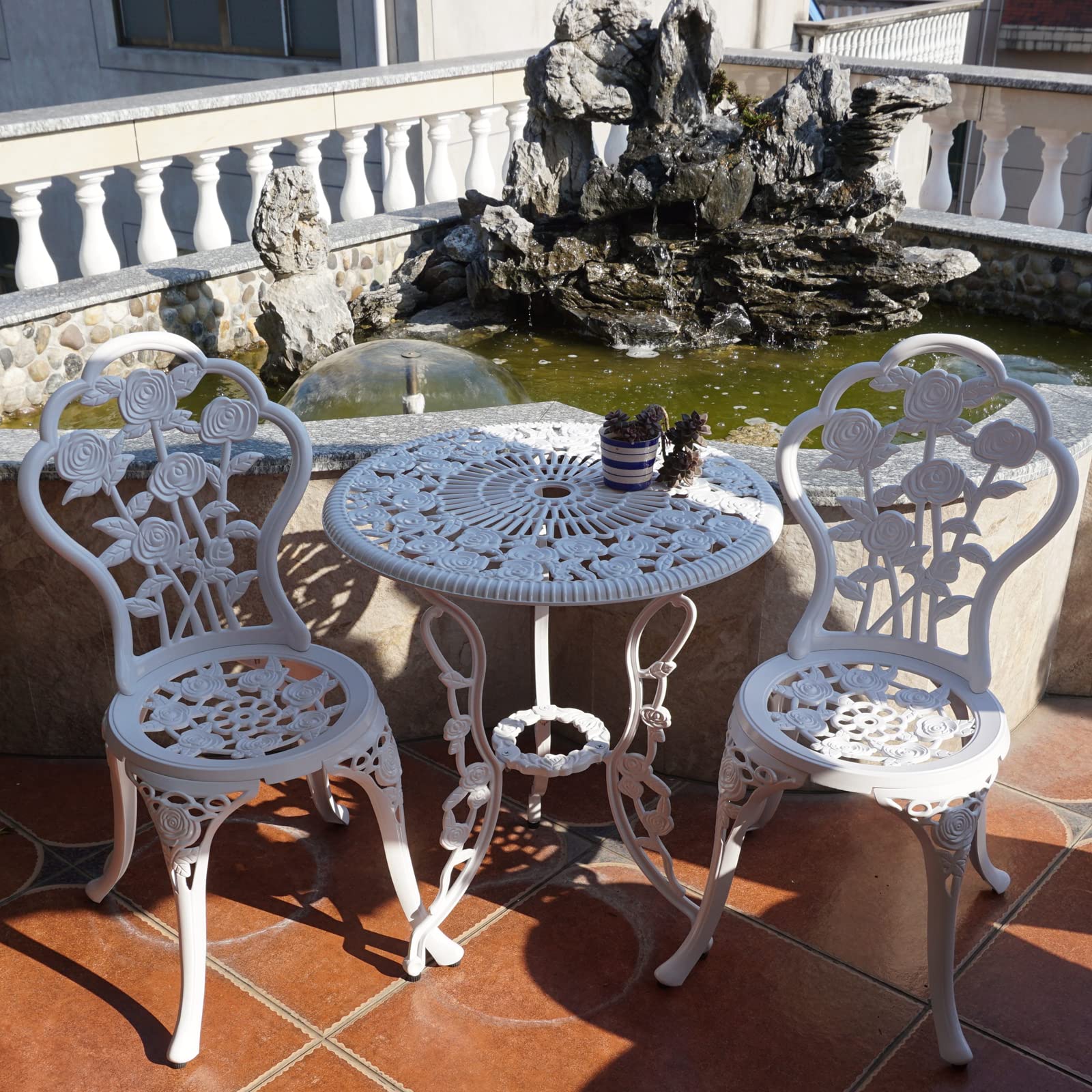 KAILI Outdoor Bistro Set with Rose Pattern - 1 Table & 2 Chairs for Garden, Patio, Porch (Rose-White) - Perfect for Outdoor Dining, Coffee Time & Relaxing in Your Backyard