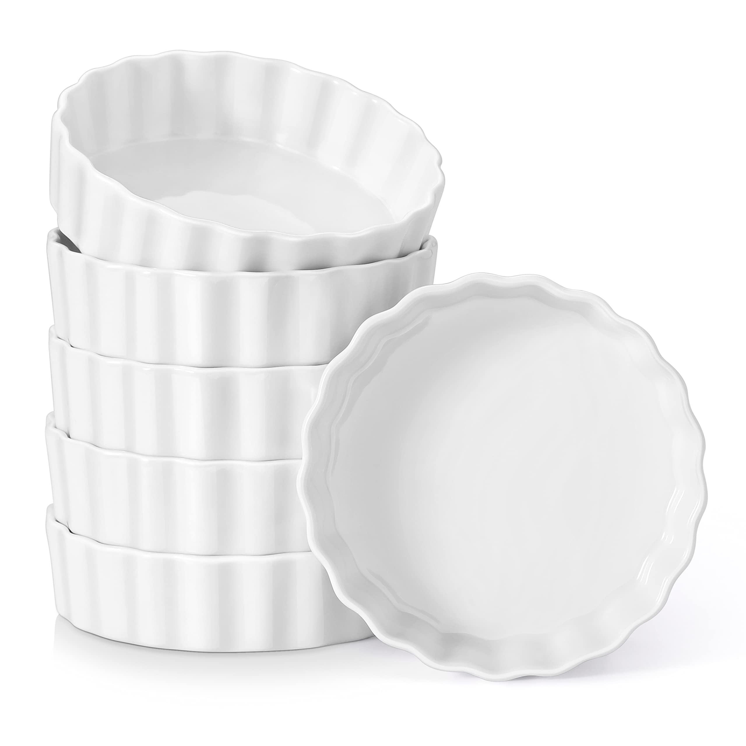 LOVECASA 8 Oz Porcelain Ramekins Set of 6 - Oven Safe Baking Dishes for Creme Brulee, Soufflés, Custards & Quiche | Chip-Resistant, Stackable White Ceramic Bowls | Perfect for Desserts, Appetizers & Meal Prep