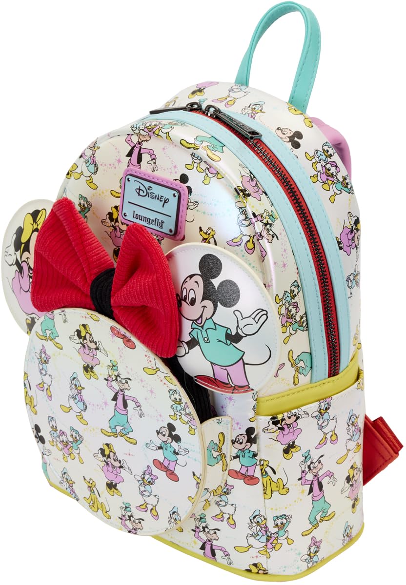 Disney 100 Mickey & Minnie Mouse Loungefly Mini Backpack with Ear Support - Cute Disney Character AOP Design for Women & Girls - Perfect for Theme Parks, Travel, and Everyday Use