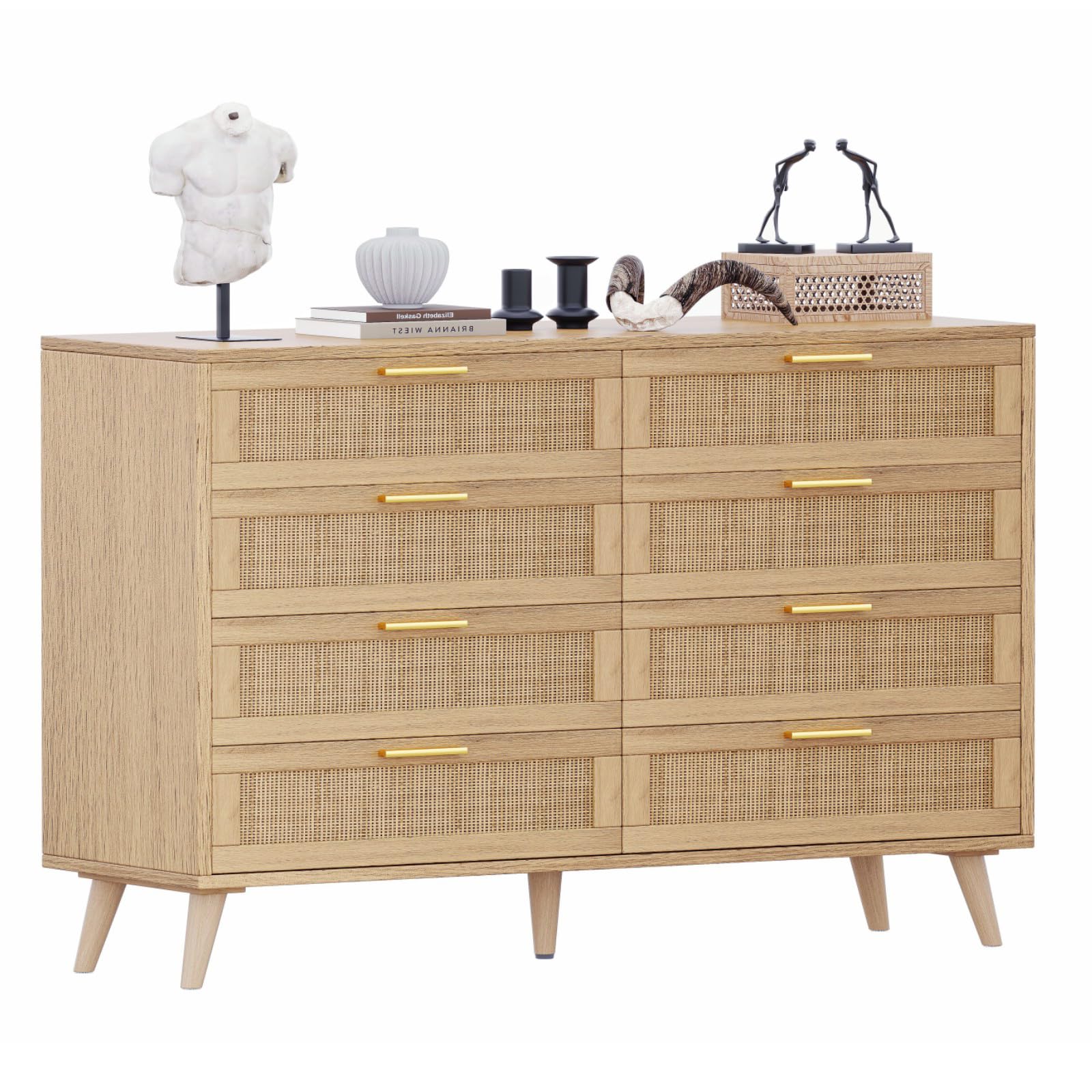 Rovaurx 8-Drawer Double Dresser - Modern Rattan Wooden Chest with Gold Handles for Bedroom, Living Room & Entryway - Stylish Storage Solution for Clothes, Linens & Home Organization