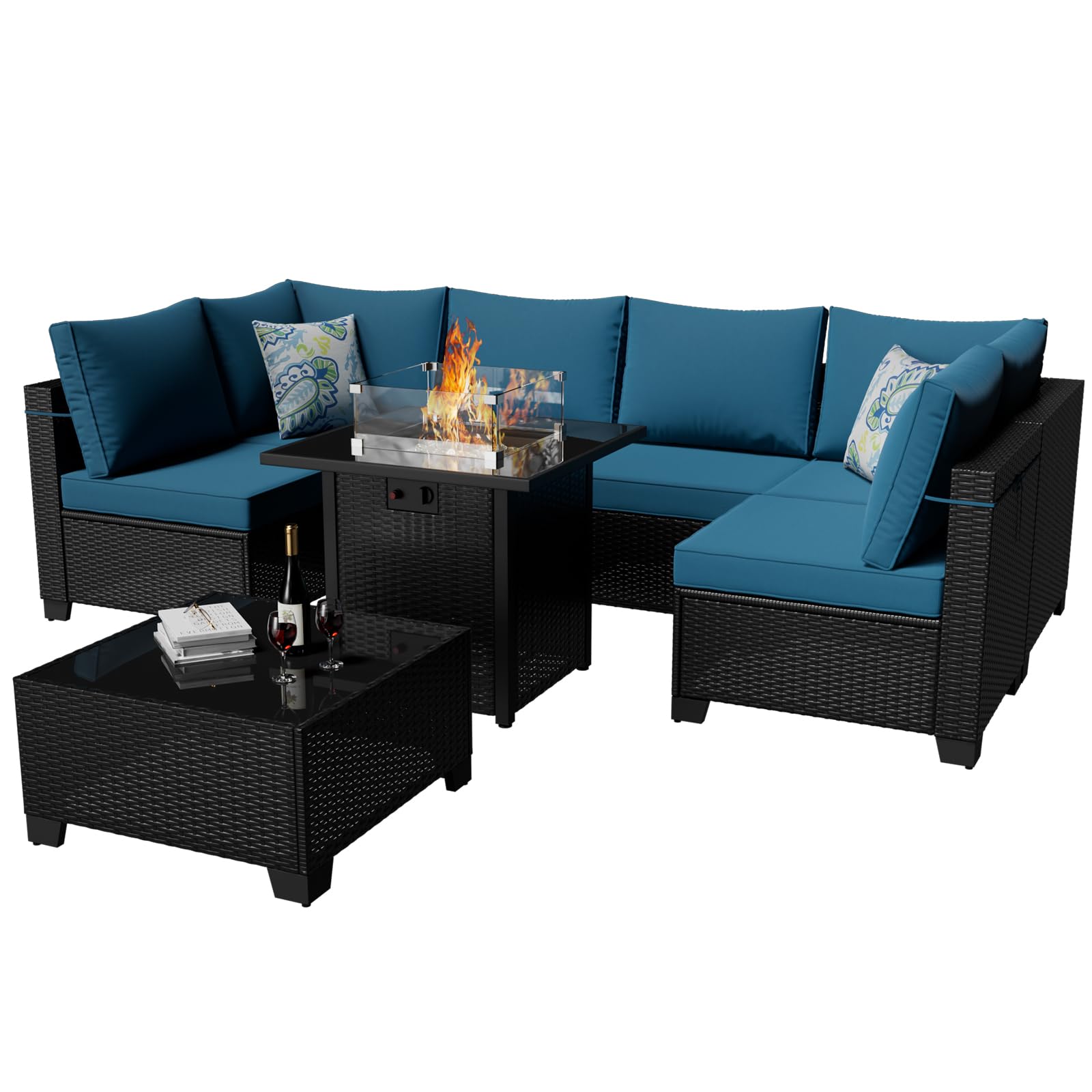 8-Piece Outdoor Sectional Furniture Set with Rattan Wicker Patio Sofa & 28-Inch Gas Fire Pit Table - Waterproof Conversation Set for Backyard, Garden, Deck (Coffee/Peacock Blue) - Perfect for Entertaining, Lounging & Outdoor Gatherings