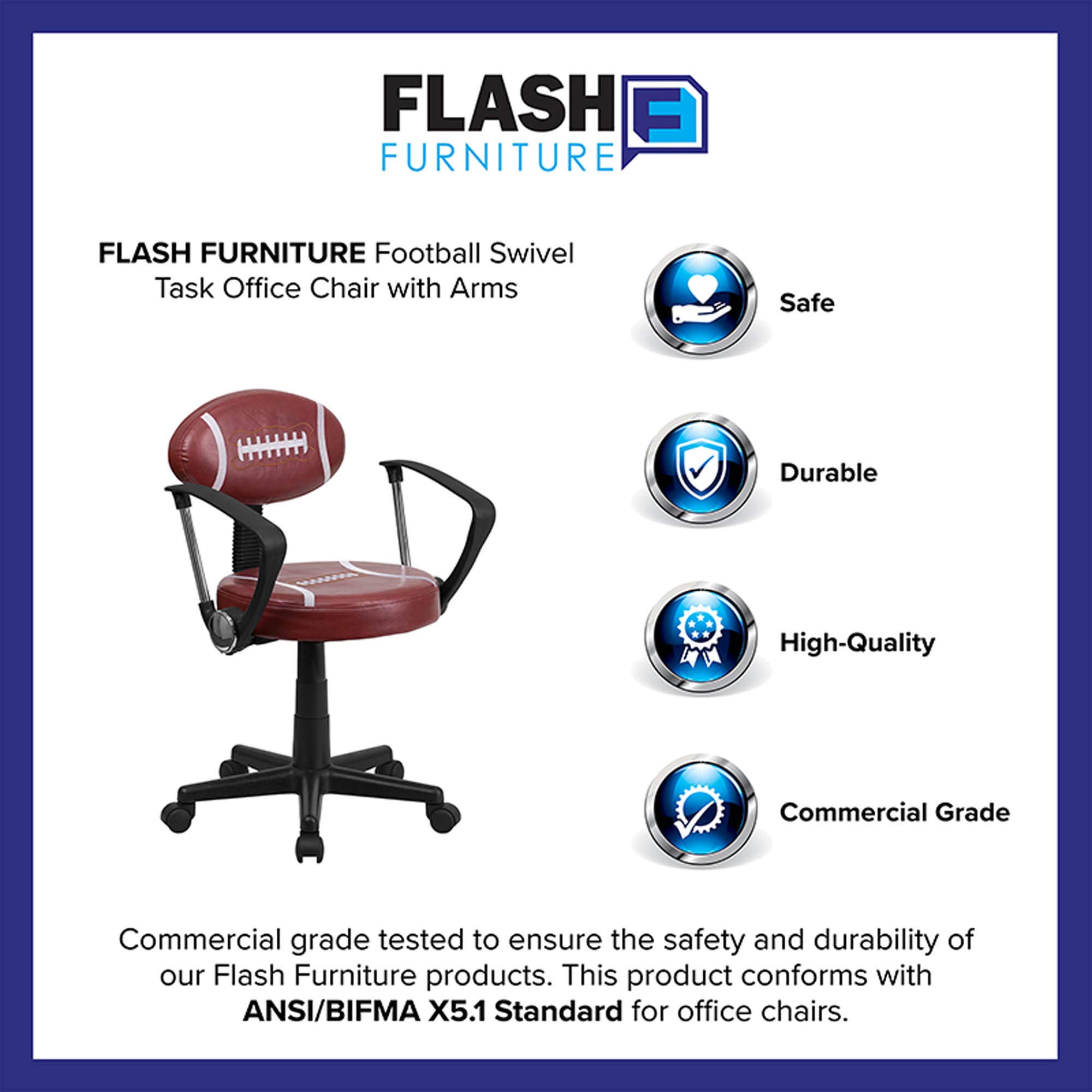 Flash Furniture Preston Adjustable Swivel Office Chair with Arms - Ergonomic Football Design for Home & Office Workspace