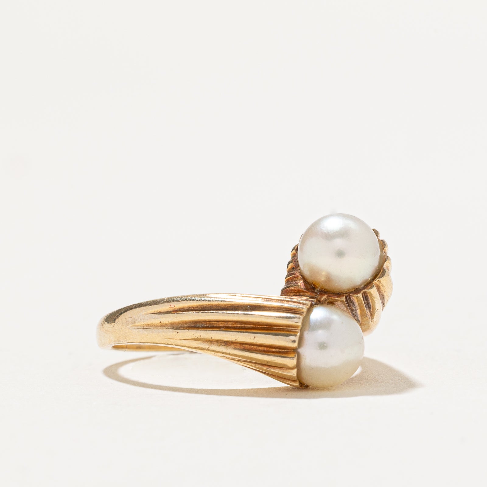 Two Stone Pearl Grooved Bypass Ring - Size 6.25 | Elegant Stackable Jewelry for Women, Perfect for Weddings, Anniversaries & Everyday Wear