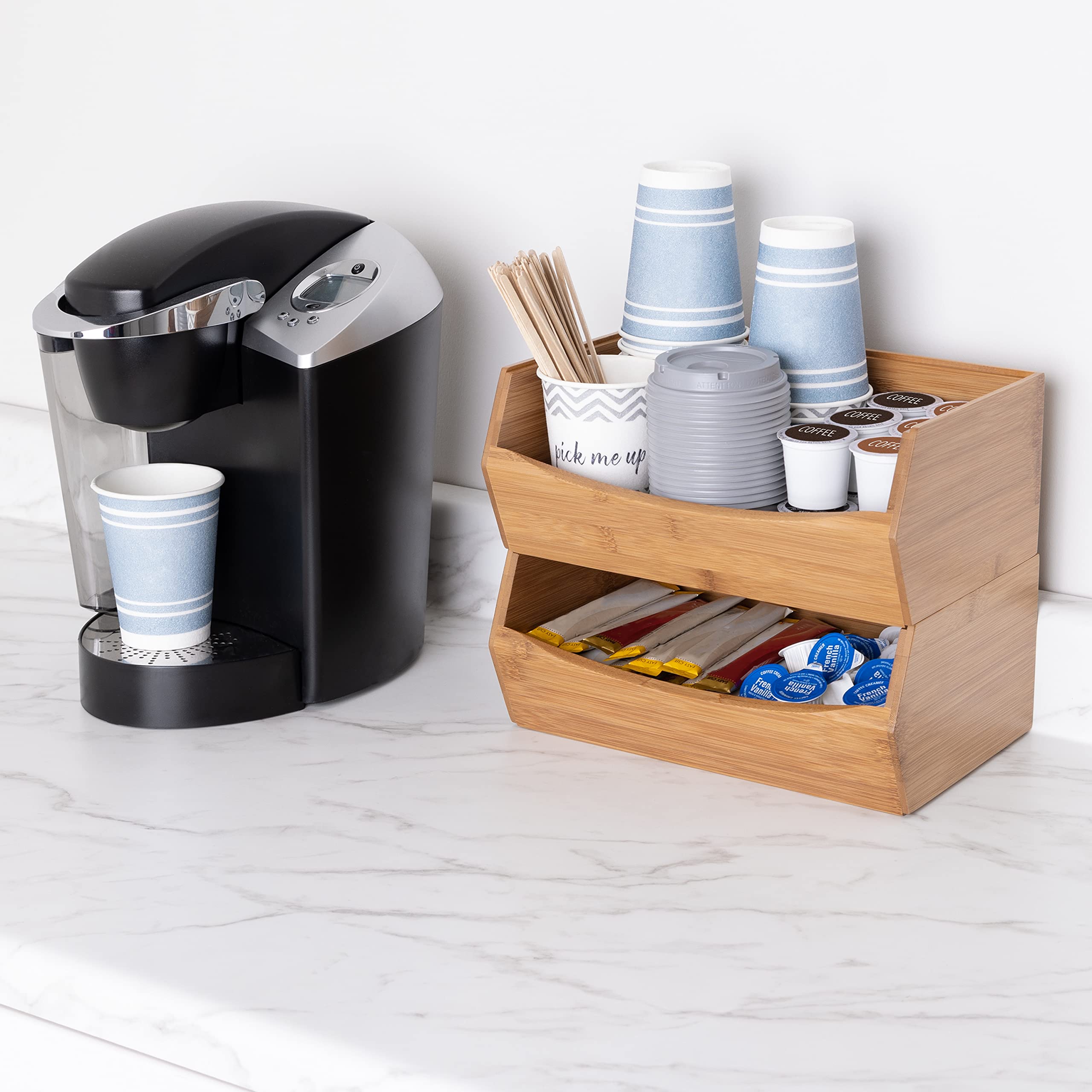 Seville Classics Premium Bamboo Organizer Storage Bins - 2-Piece Stackable Set for Kitchen Utensils, Office Supplies, Makeup & More | Perfect for Pantry, Closet & Desk Organization