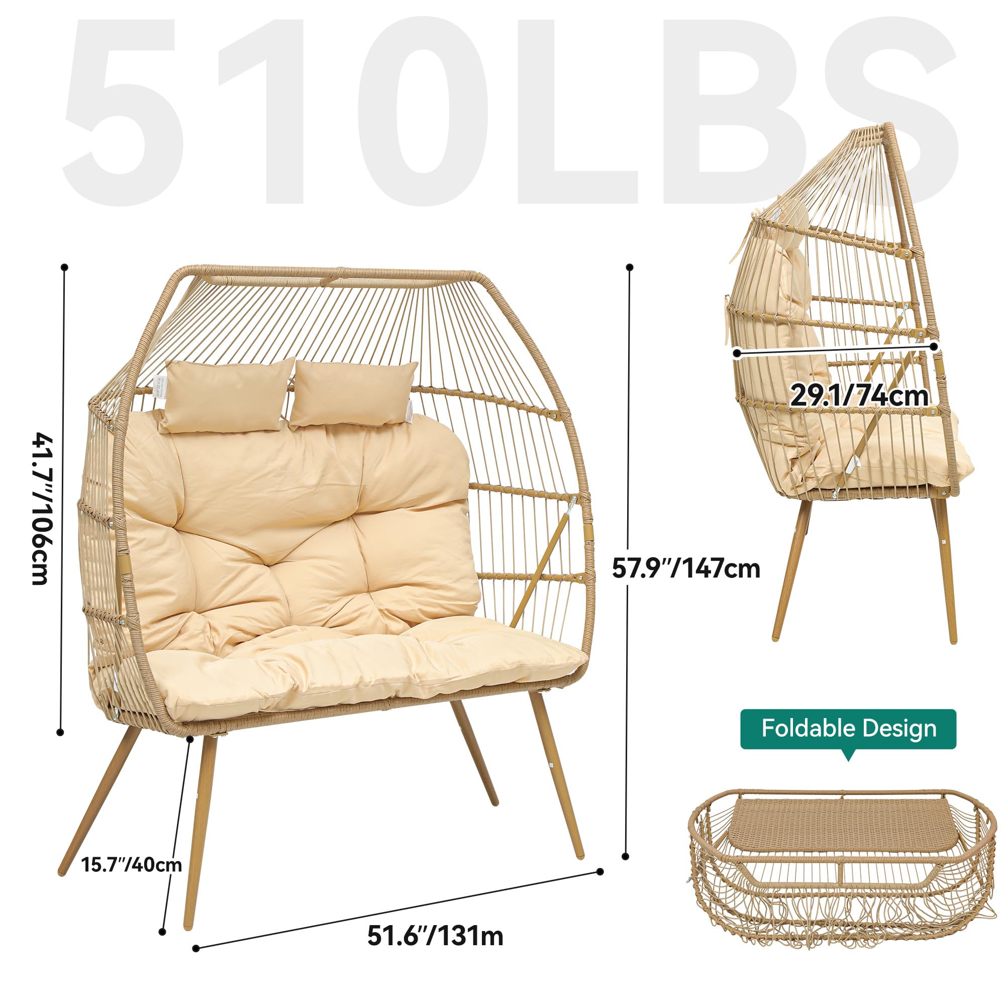 YITAHOME Oversized Double Egg Chair with Padded Cushions - Indoor/Outdoor Wicker Loveseat, Extra Large Lounge Chair for Patio, Bedroom, Garden & Balcony - Supports 510lbs - Beige - Perfect for Relaxing, Reading & Sunbathing