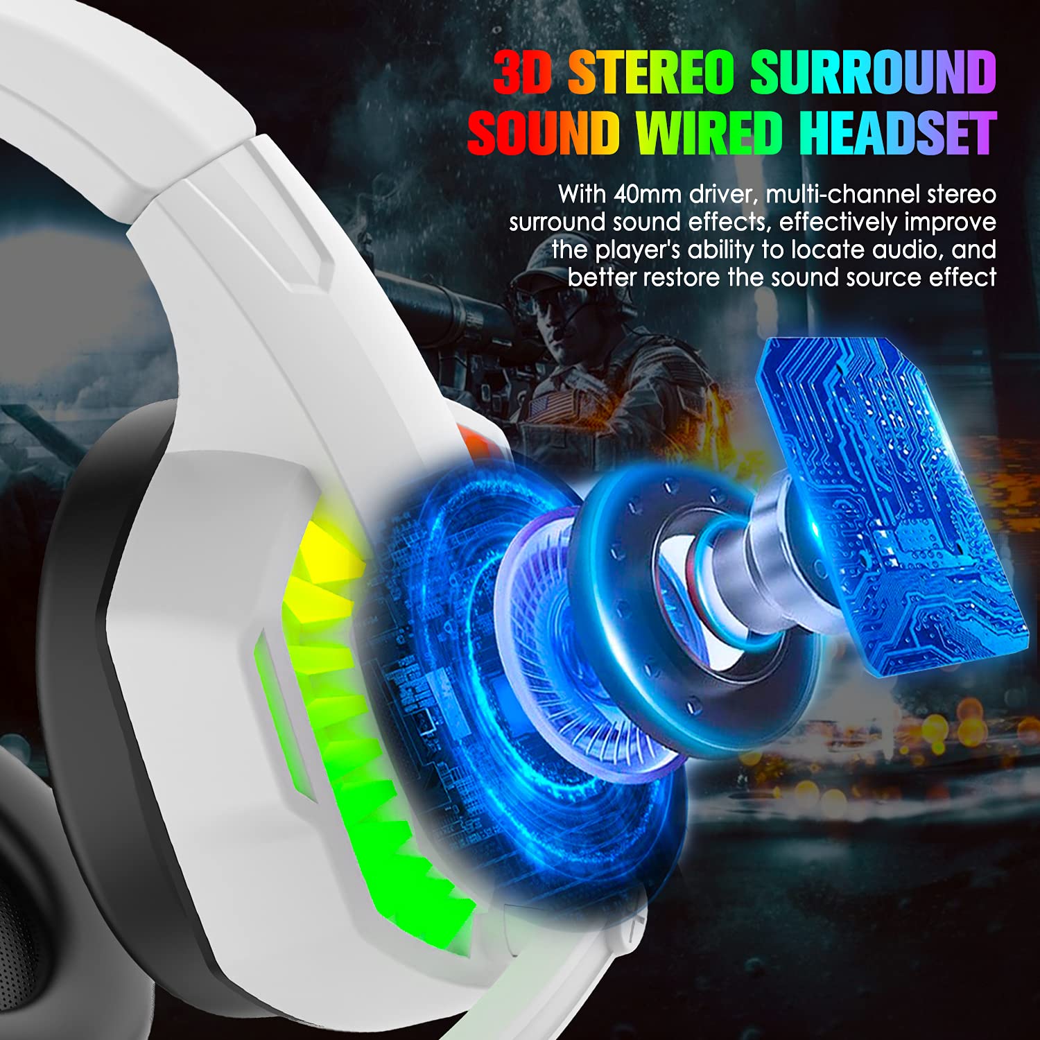 Best Wired Gaming Headset with Noise Cancelling Mic - Over Ear Headphones for PS5, PS4, Xbox One & PC - Rainbow LED Backlit, Bass Surround Sound, Soft Memory Foam Earmuffs - Perfect for Laptop, Mac Gaming & Streaming (White)