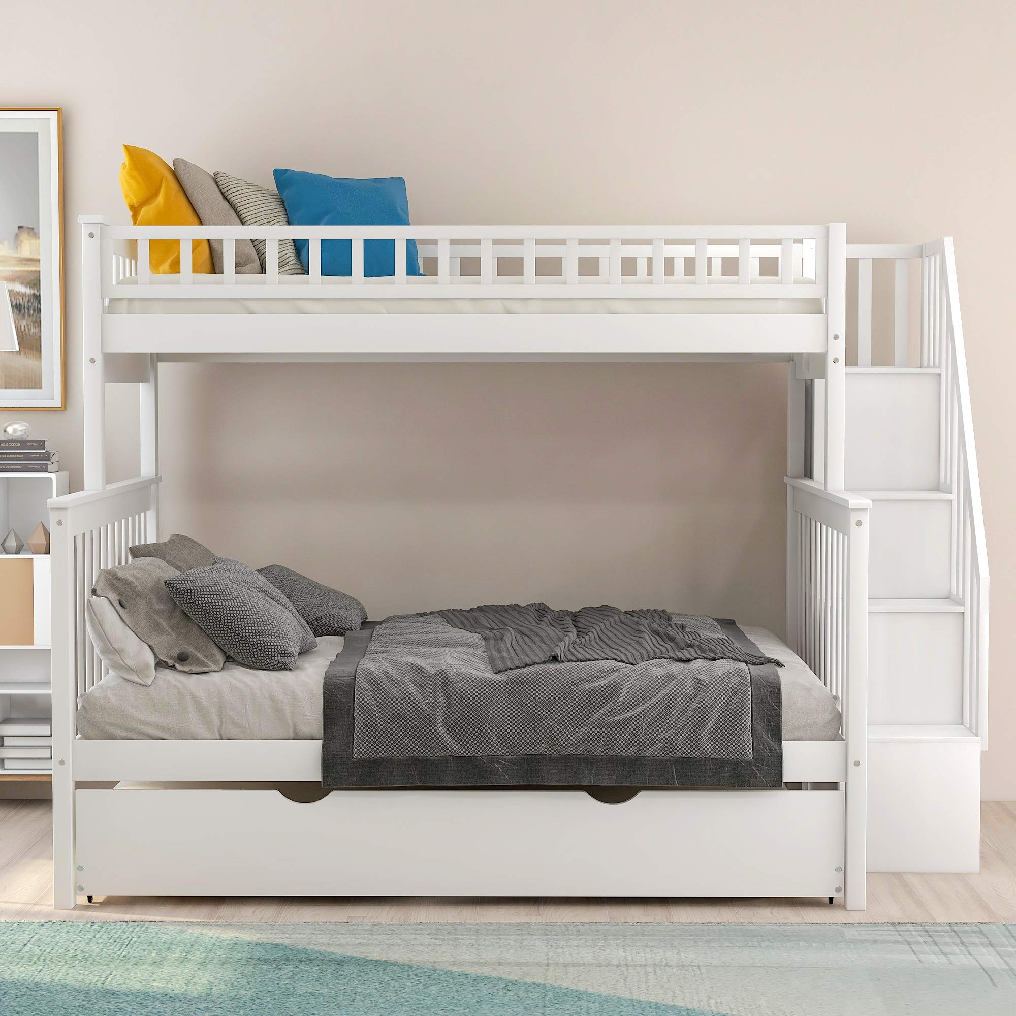 Twin Over Full Bunk Bed with Trundle & Storage - Solid Wood Bunk Bed Frame with Guardrails & Stairs for Kids, Teens & Adults - Space-Saving Bedroom Solution for Shared Rooms, Guest Rooms & Small Spaces (White, No Box Spring Needed)