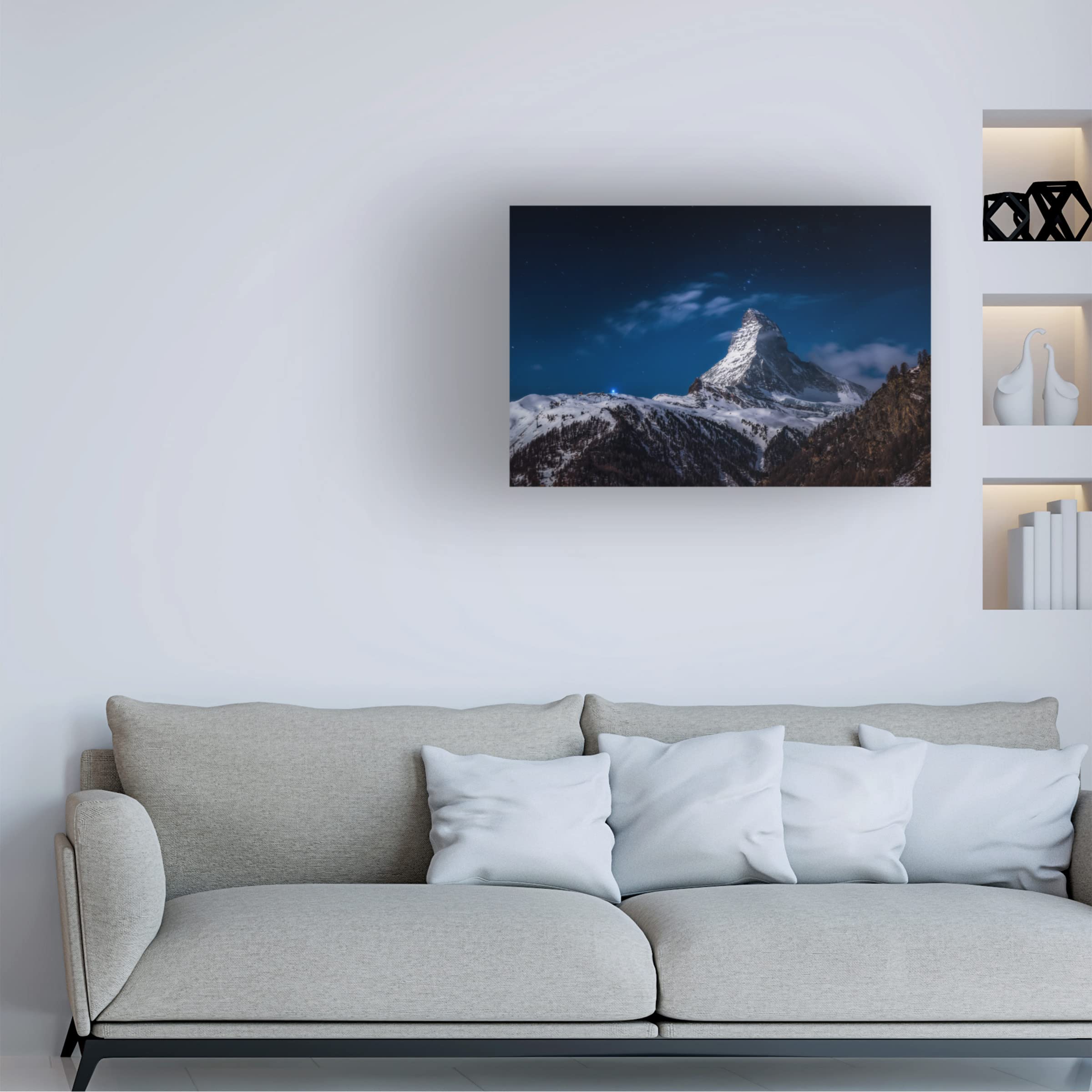 Trademark Fine Art 'Full Moon At Matterhorn' Canvas Wall Art Print by Jesus Gonzalez Vera - Mountain Landscape Painting for Living Room, Bedroom & Office Decor