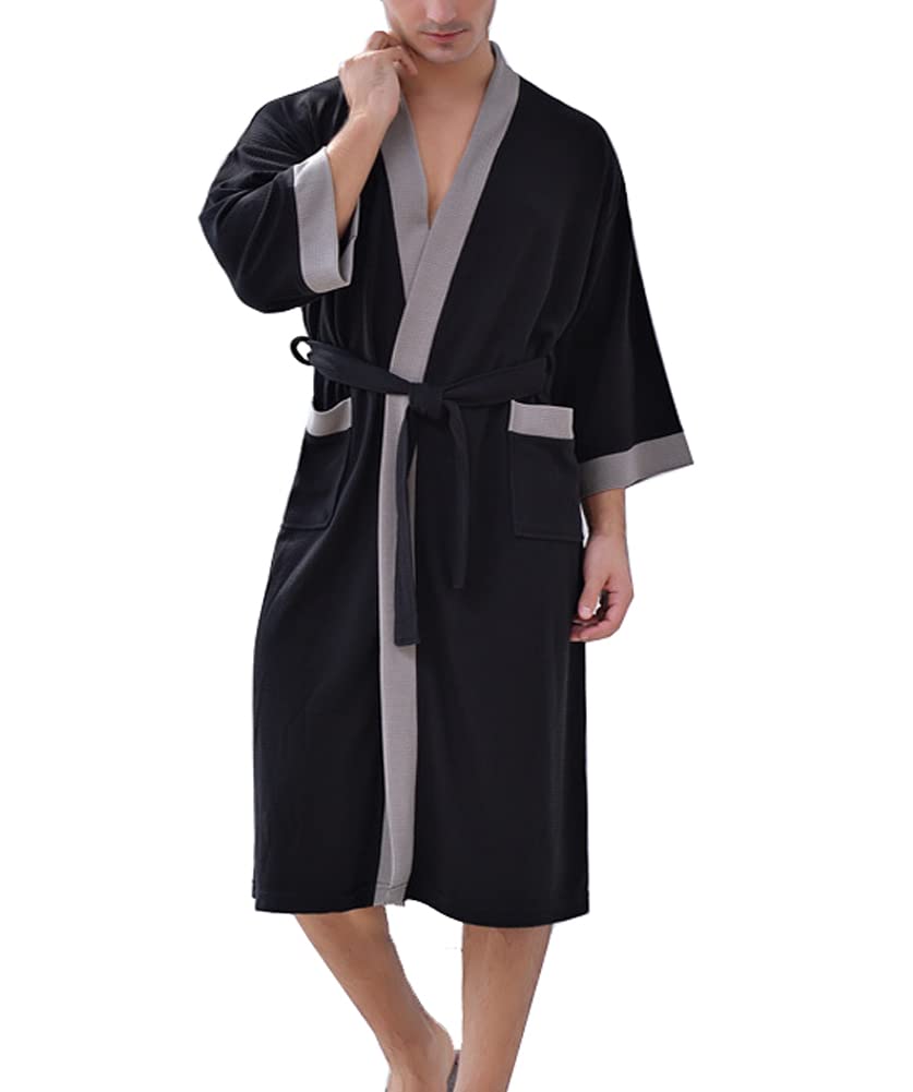 Hotmiss Men's Waffle Kimono Knit Bathrobe - Lightweight Hotel Spa Robe with Soft Fabric, Knee-Length Sleepwear for Relaxation at Home, After Shower & Lounge Wear