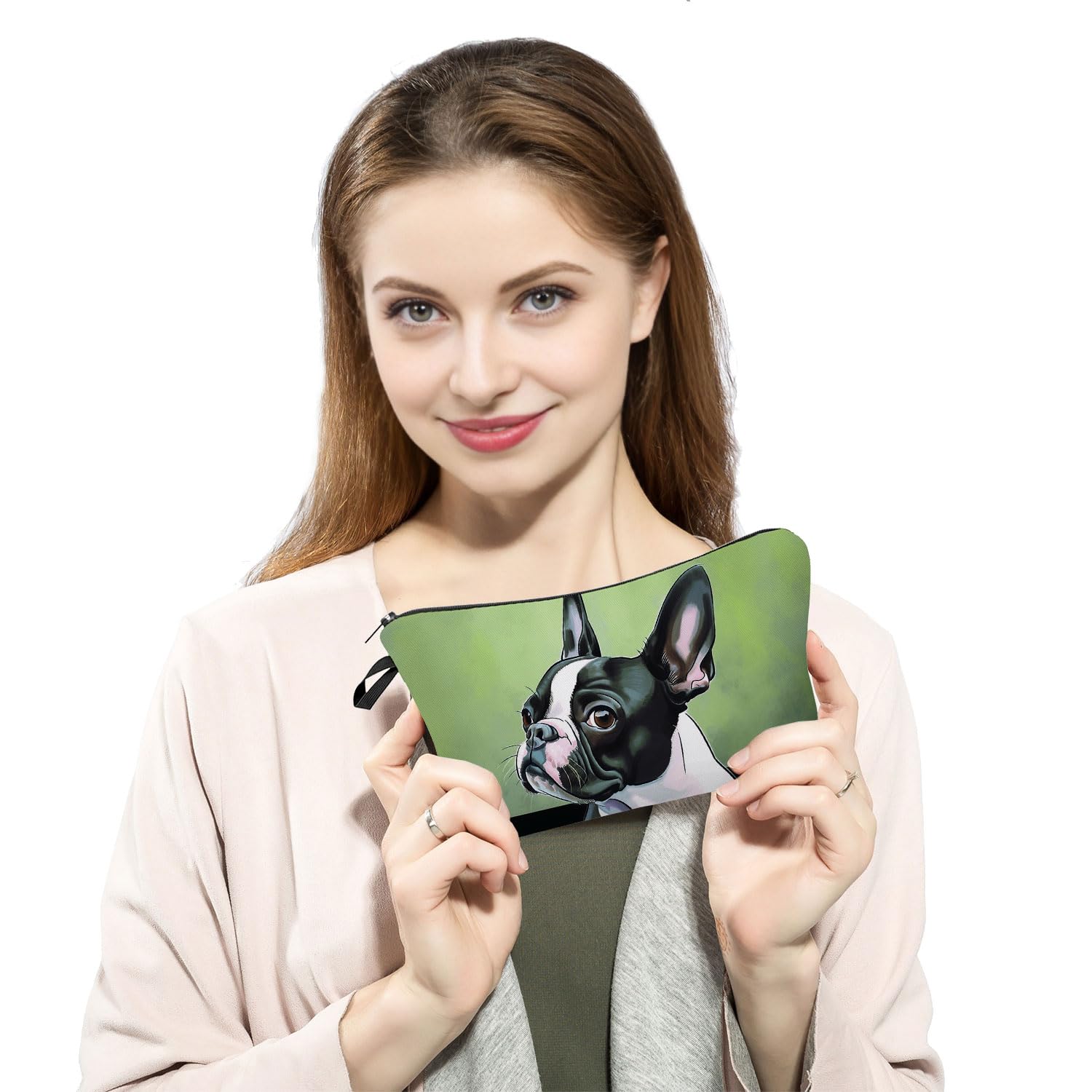 Boston Terrier Oil Painting Print Makeup Bag - Cute Small Zippered Cosmetic Organizer for Women | Perfect Dog Lover Gift, Birthday Present & Travel Essential | Pet-Themed Accessories for Daily Use & Gifting