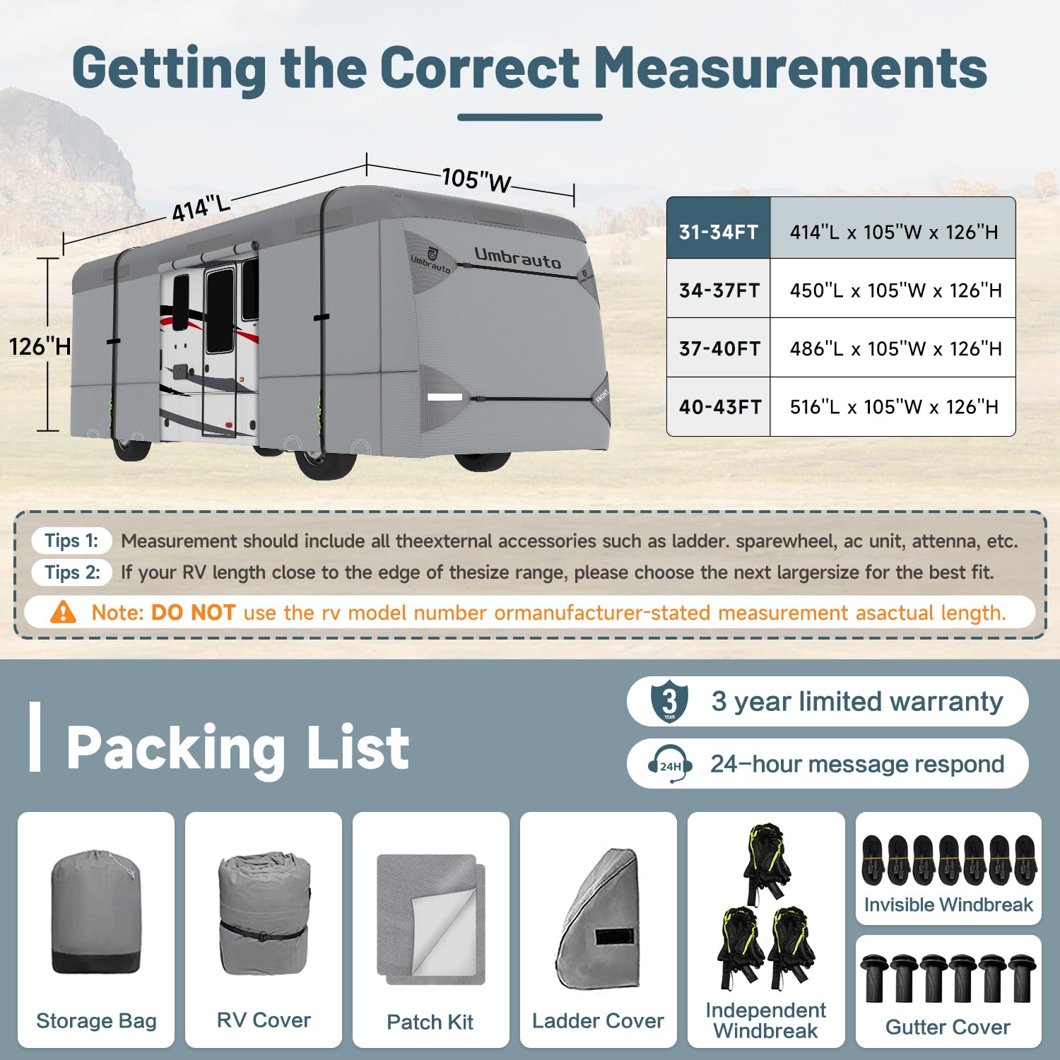 2024 Upgraded Umbrauto Class A RV Cover - 7-Layer Anti-UV, Windproof Motorhome Cover for 31'-34' RVs | Includes 2 Extra Straps, Repair Patches & 6 Gutter Covers | Perfect for Outdoor Storage & Winter Protection