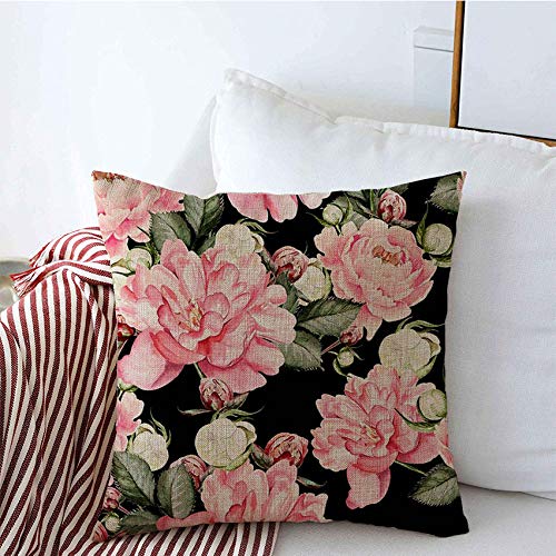 16x16 Inch Linen Throw Pillow Covers - Watercolor Peony Flowers Abstract Nature Design in Pink & Red | Decorative Square Accent Pillow Cases for Couch, Sofa & Bed | Home Decor, Living Room, Bedroom