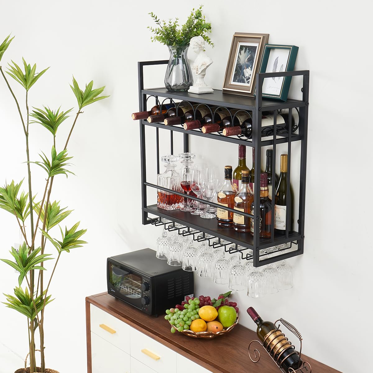 Wall Mounted Wine Rack with Glass Holder - Floating Metal Liquor Shelf for Wine Bottle Storage & Display - Black Bar Decor for Kitchen, Dining Room or Home Bar