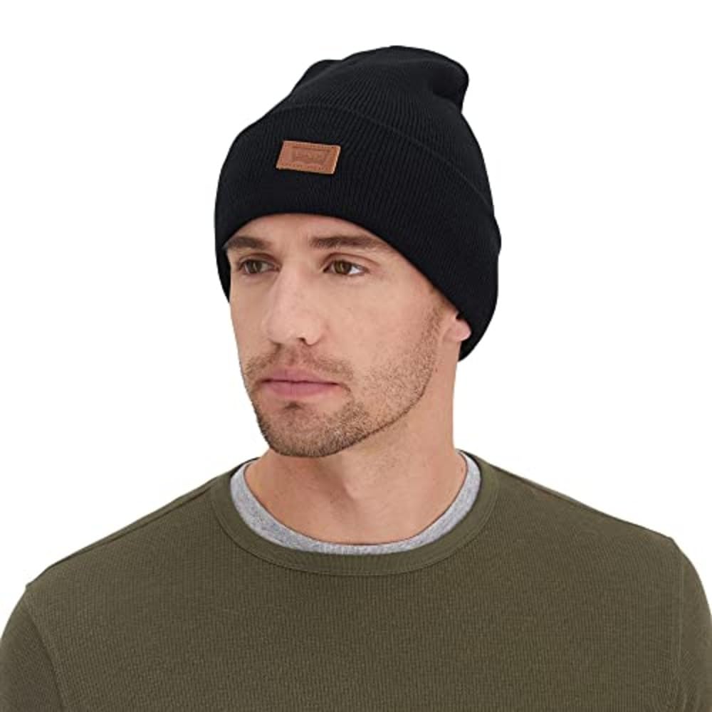 Levi's All Season Comfortable Leather Logo Patch Cuffed Hero Beanie - Warm Winter Hat for Men & Women, Outdoor Activities, Skiing, Snowboarding