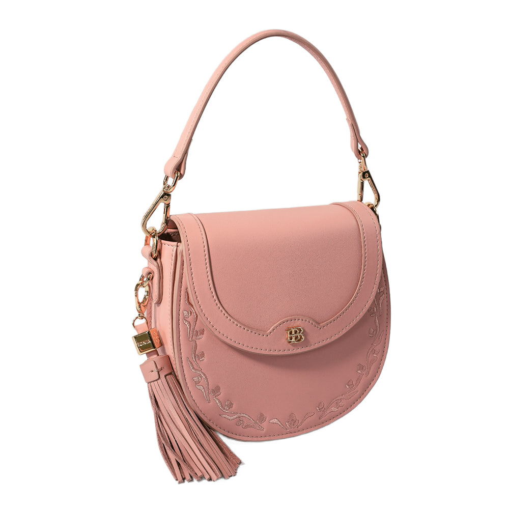 BONIA Pink Leather Handbag with Floral Embroidery - Elegant Women's Crossbody Purse for Work, Travel & Date Night