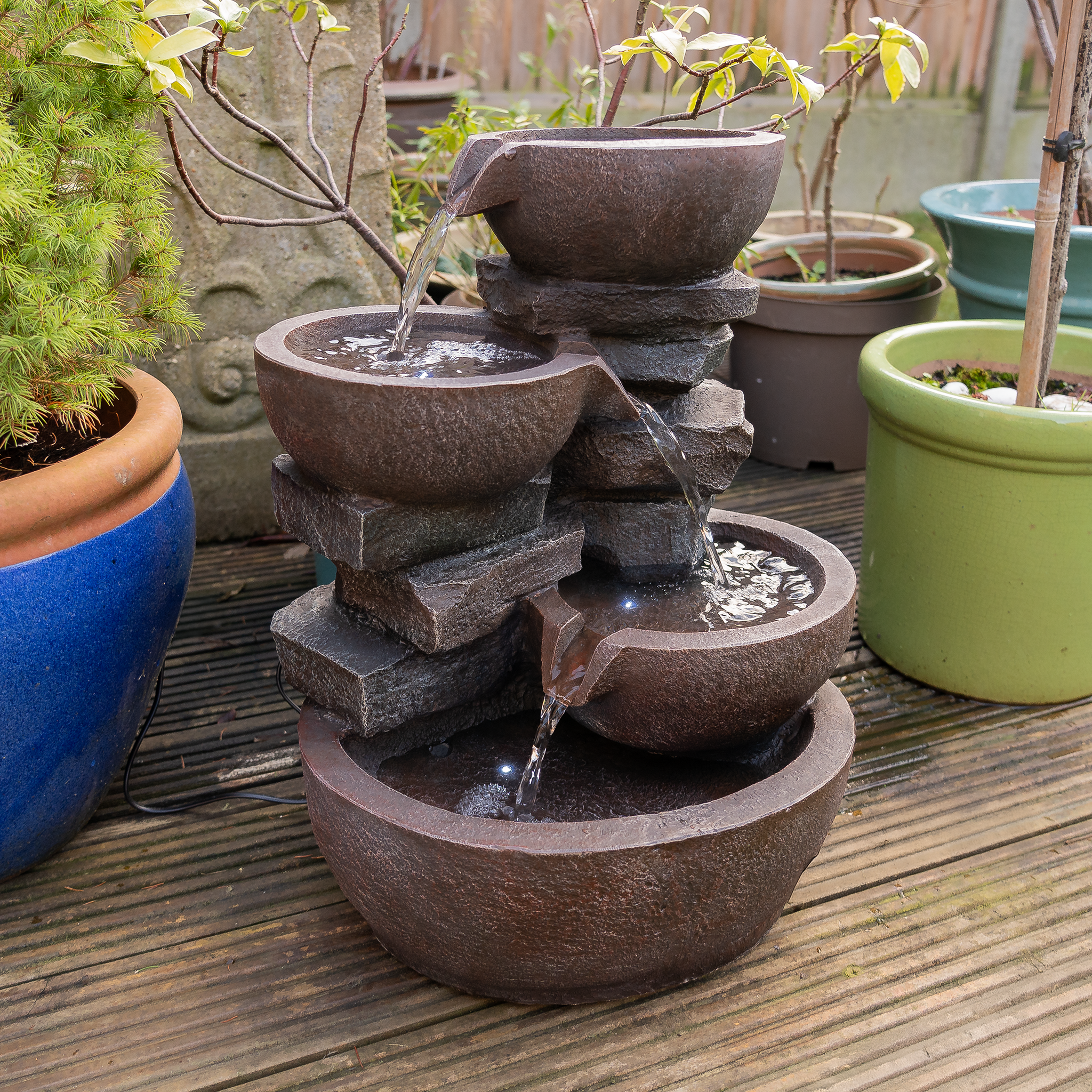 4-Tier Cascading Bowl Water Fountain with LED Lights - Indoor/Outdoor Decorative Waterfall for Home, Garden, and Patio Relaxation