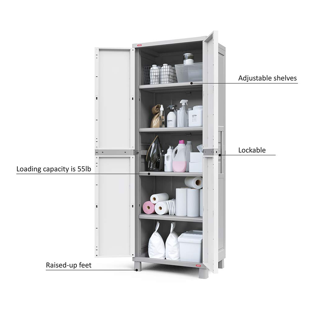 Keter Storage Cabinet with Doors and Shelves - White & Grey Organizer for Laundry Room, Garage, Bathroom, Closet | Perfect for Home Organization and Space Saving Solutions