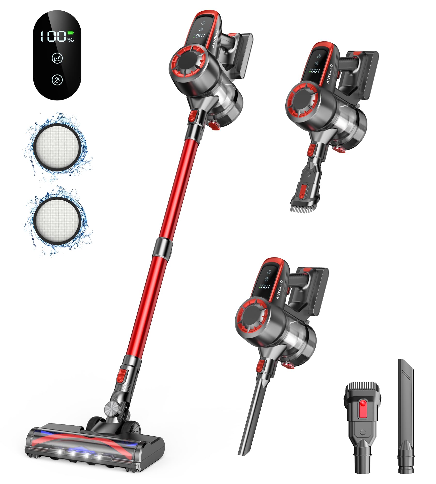 Powerful 300W Cordless Stick Vacuum Cleaner - 45min Runtime, LED Display, 2 Modes, Lightweight & Anti-Tangle Brush - Ideal for Hard Floors, Carpets, Cars & Home Cleaning