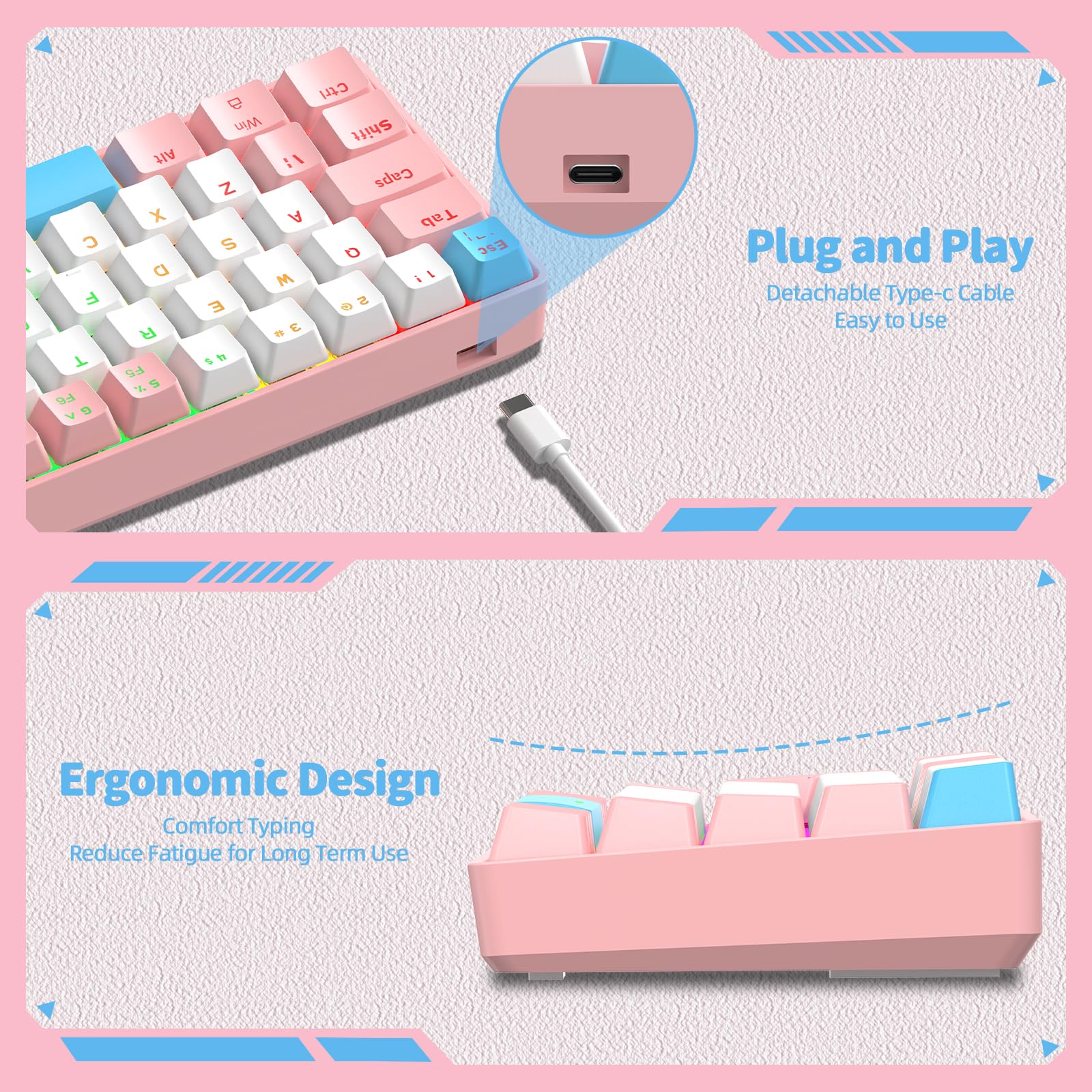 60% UK Gaming Mechanical Keyboard - Blue Switches, RGB Backlight for PC/Laptop (Pink White) - Compact Office & Gaming Use