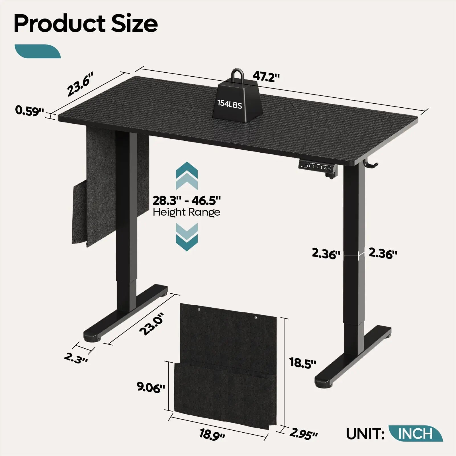 Bestier 47/55 Inch Electric Standing Desk - Adjustable Height, Built-in Headset Hooks & Storage Bag for Home Office, Gaming & Study Workspace