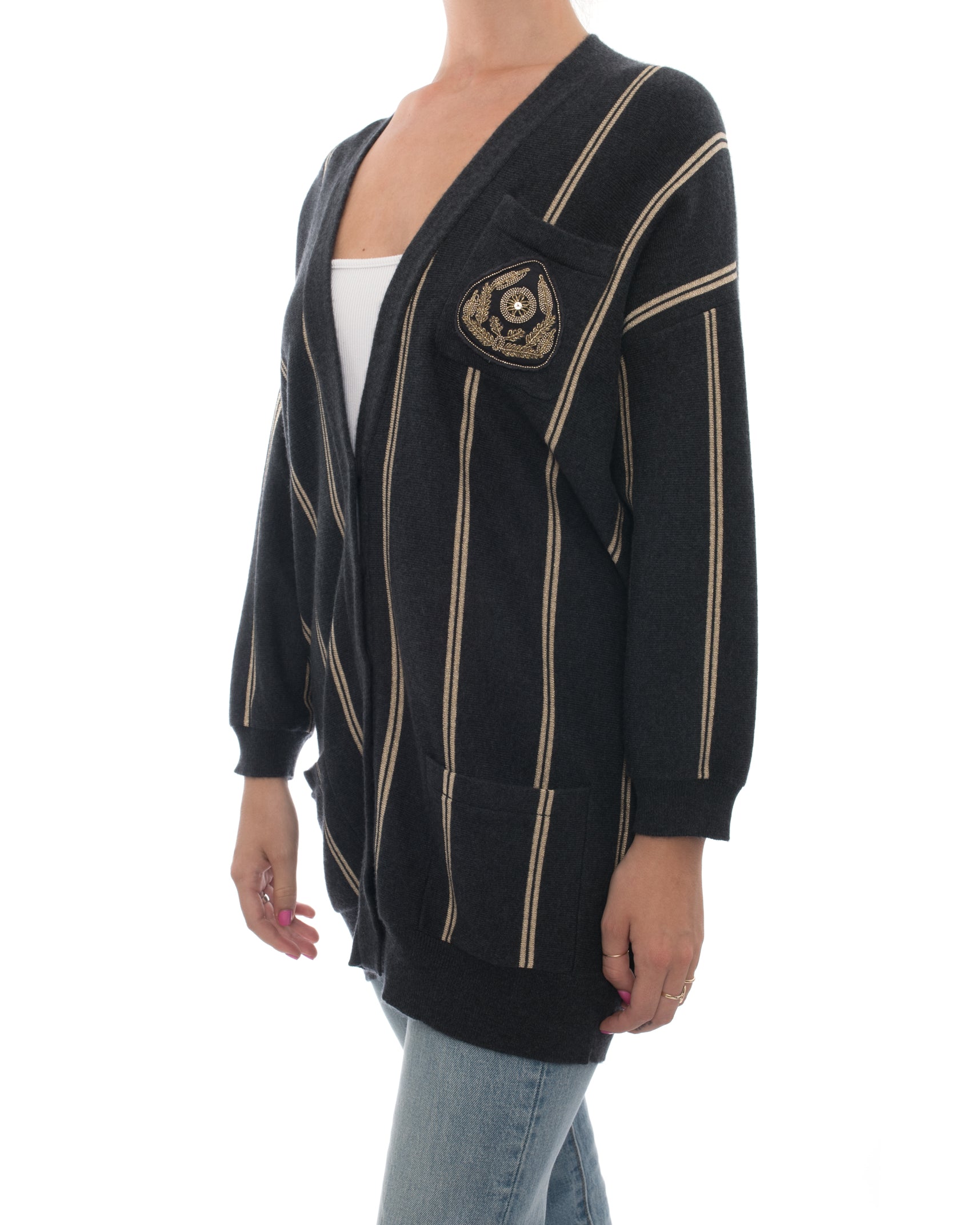 Brunello Cucinelli Grey & Gold Striped Cashmere Cardigan with Embroidered Crest - Luxury Knitwear for Men | Perfect for Business Casual, Office Wear & Fall Fashion