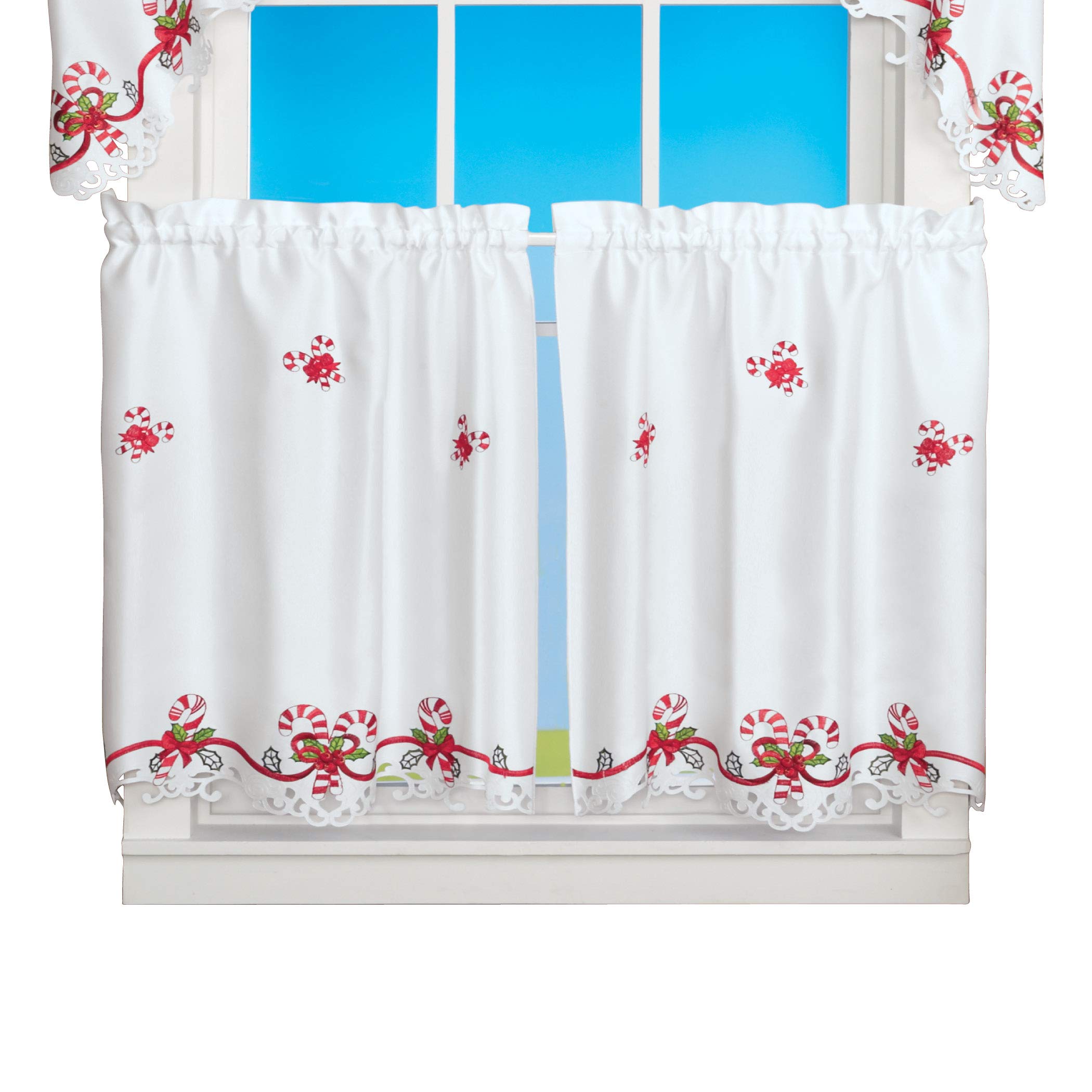 Embroidered Candy Cane Window Curtains with Rod Pocket - Festive Holiday Home Decor for Living Room, Bedroom & Kitchen | Christmas Winter Seasonal Decorations