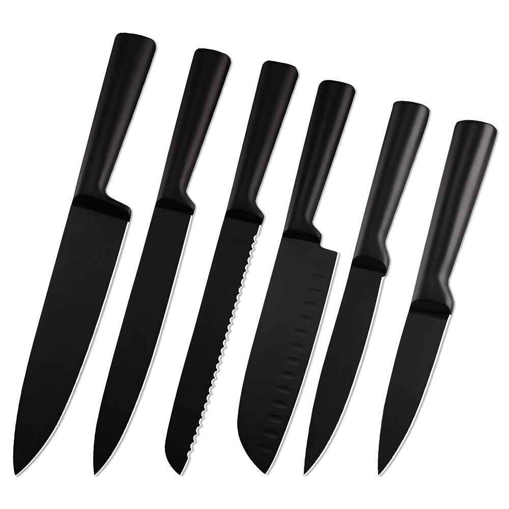 Premium 6-Piece Stainless Steel Kitchen Knife Set - Chef, Santoku, Utility, Paring, Bread & Slicing Knives with Non-Stick Black Blades for Professional Cooking & Home Use | Perfect for Meal Prep, Slicing Meat, Chopping Vegetables & Baking | BY ZZYY