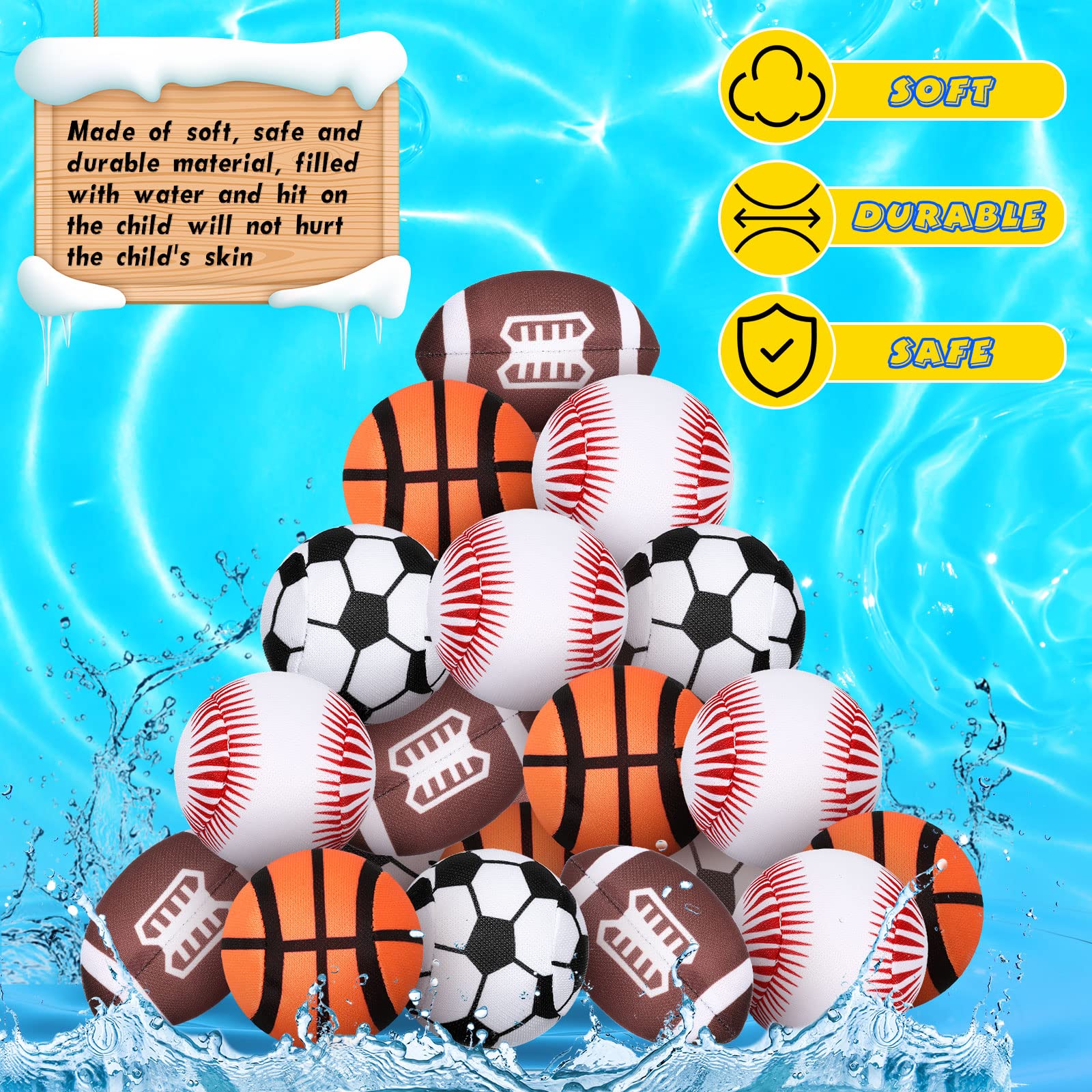 24-Pack Leyndo 2-Inch Water Absorbent Pool Balls - Soft Splash Toys for Swimming Pools, Beach Games & Kids Parties (Baseball, Football, Soccer Theme) - Perfect for Summer Water Play, Backyard Fun & Outdoor Activities