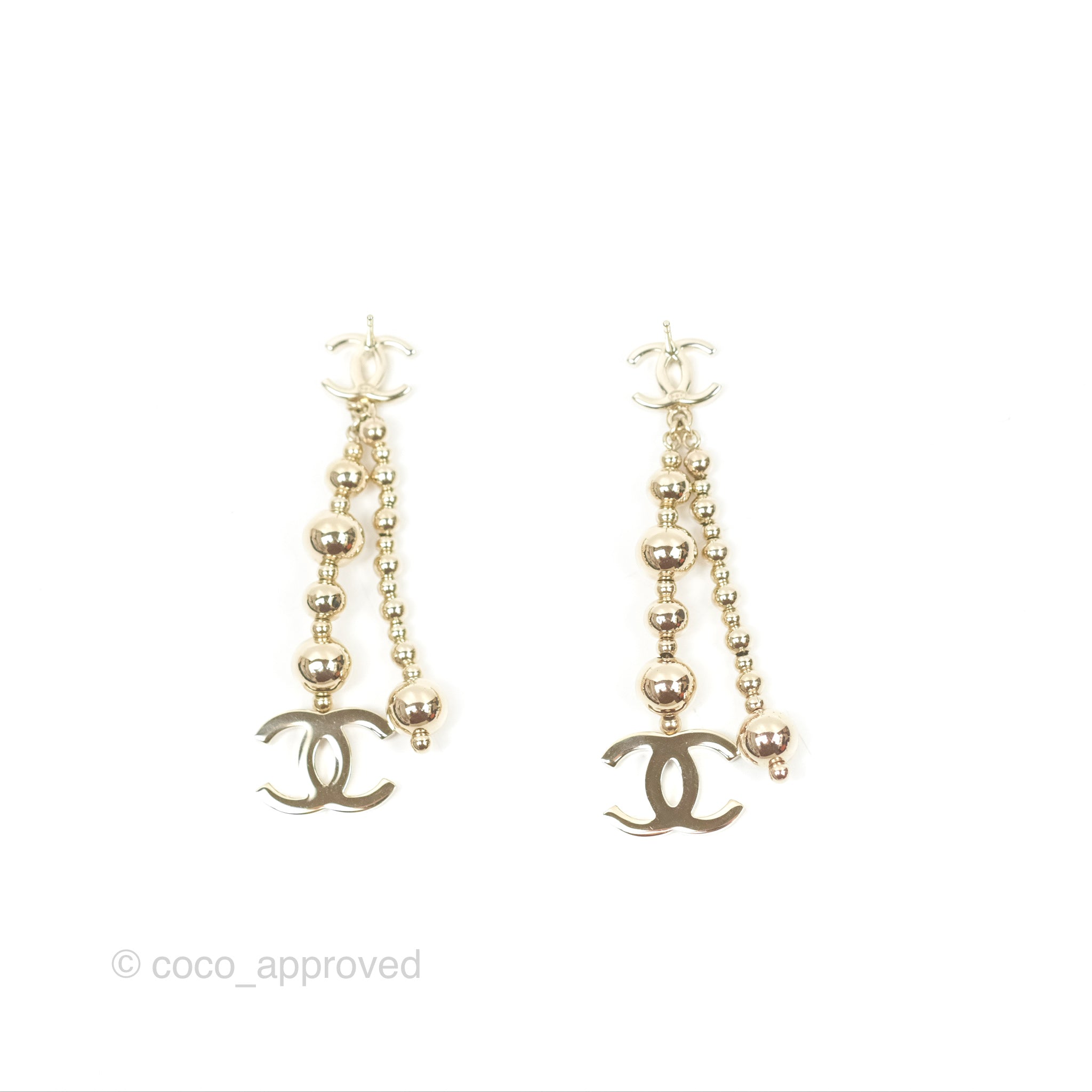 Chanel CC Bead Long Drop Earrings - Gold Tone 21S Collection | Luxury Fashion Jewelry for Women | Perfect for Parties, Weddings & Special Occasions