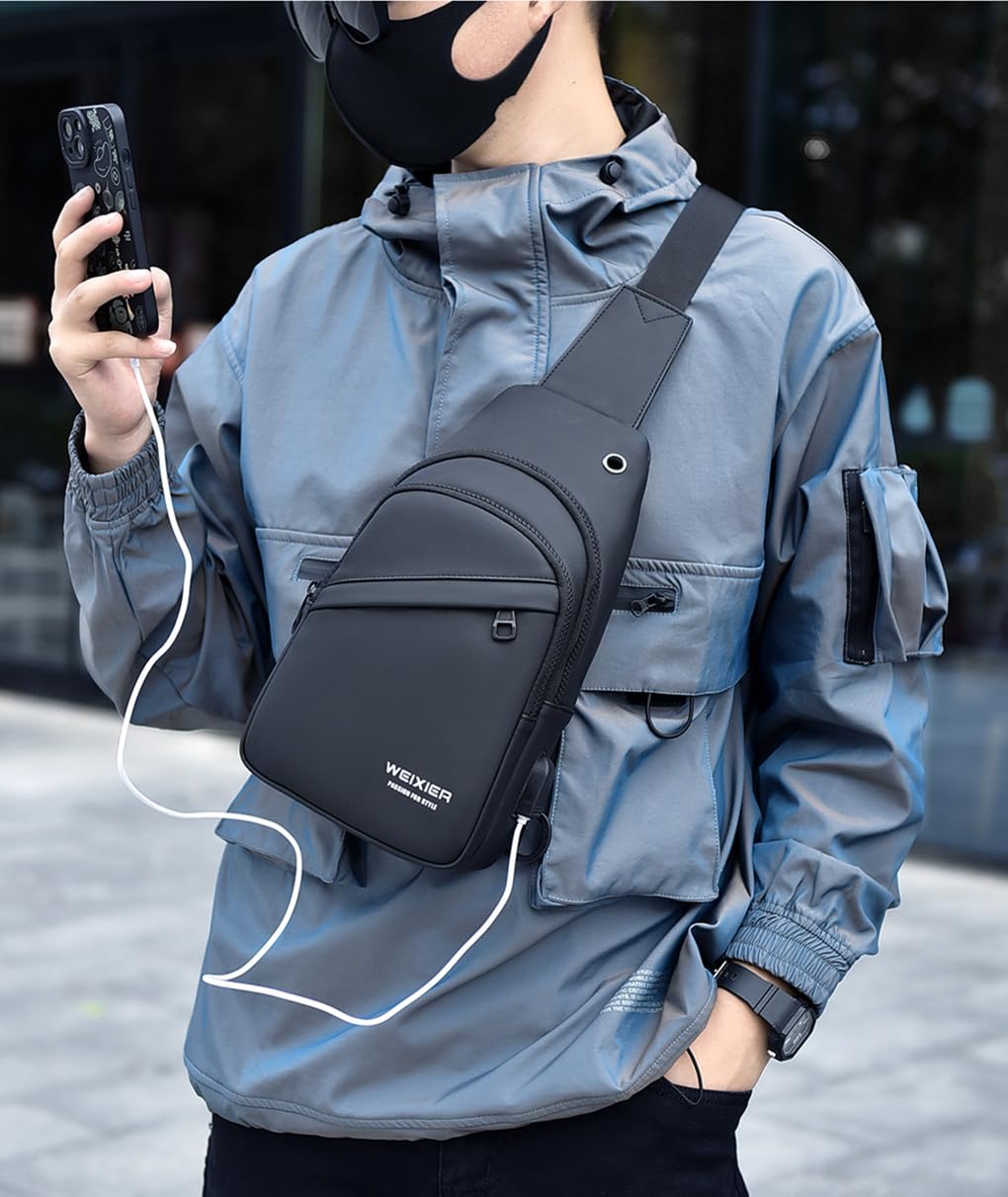 Waterproof Sling Bag for Men with USB Charging Port & Headphone Hole - Lightweight Crossbody Shoulder Backpack for Outdoor, Travel, Hiking & Daily Use