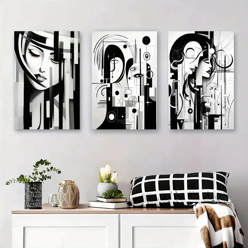 3-Piece Abstract Black & White Woman Portrait Metal Wall Art - Ready to Hang Modern Home Decor for Living Room, Bedroom or Office