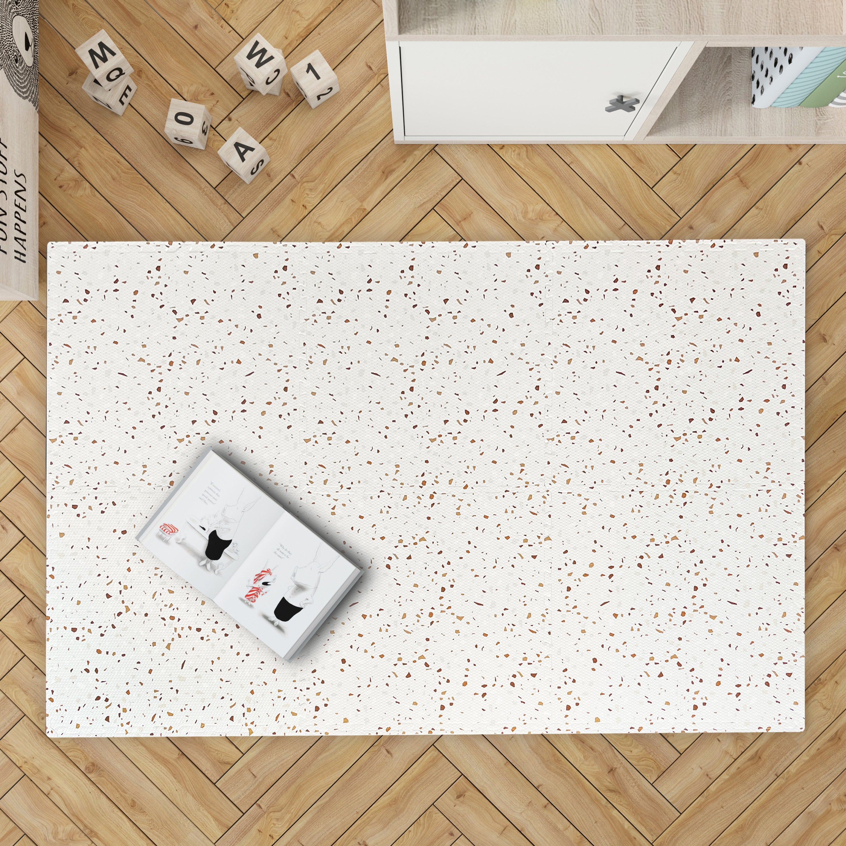 Interlocking Puzzle Play Mat Tiles - Brown Terrazzo Stone Mosaic Design for Kids Floor & Playroom Safety