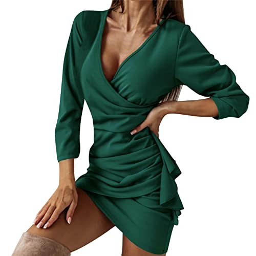 Sexy Long Sleeve Wrap Dress for Women - Formal Waist-Highlighting Bodycon Dress in Solid Green (XXL) | Perfect for Wedding Guest, Cocktail Party & Evening Occasions
