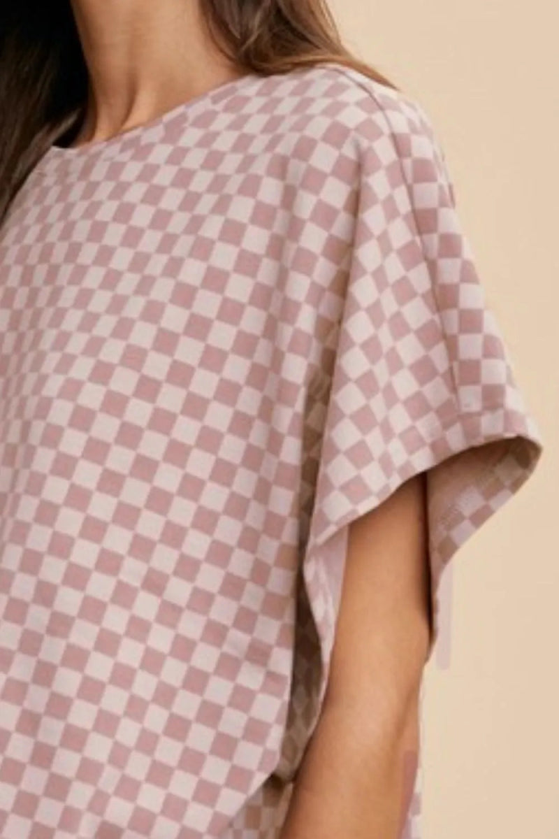 Annie Wear Women's Checkered Round Neck Short Sleeve T-Shirt - Casual Summer Top for Outfits, Streetwear & Everyday Wear