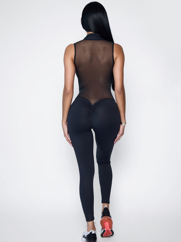 ZASUWA Women's Sexy Sheer Mesh Back Deep V Neck Jumpsuit with Scrunch Bum & Back Zipper - Perfect for Night Out, Club Wear and Party Outfits