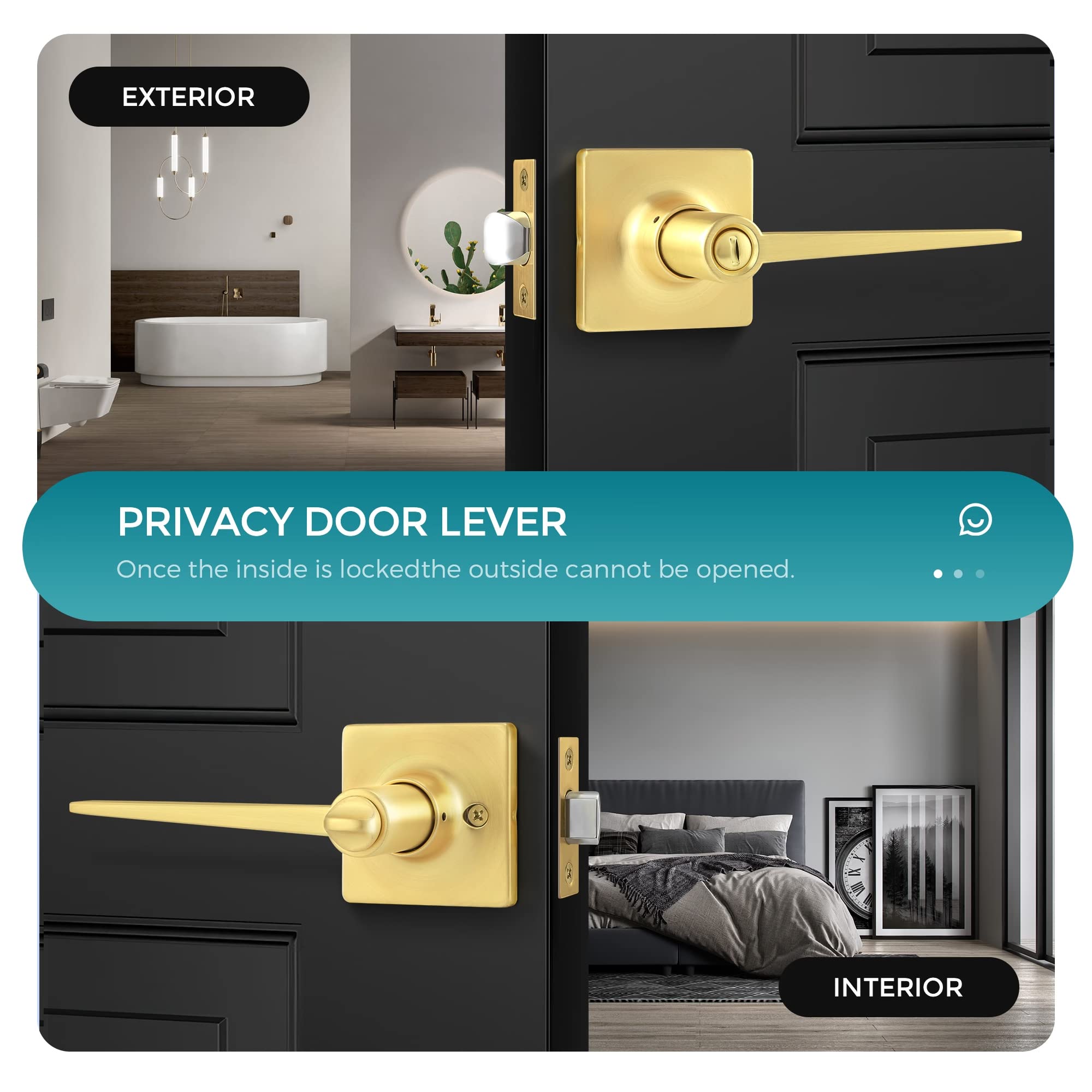 10-Pack Gold Square Privacy Door Handles - Reversible for Bedroom & Bathroom