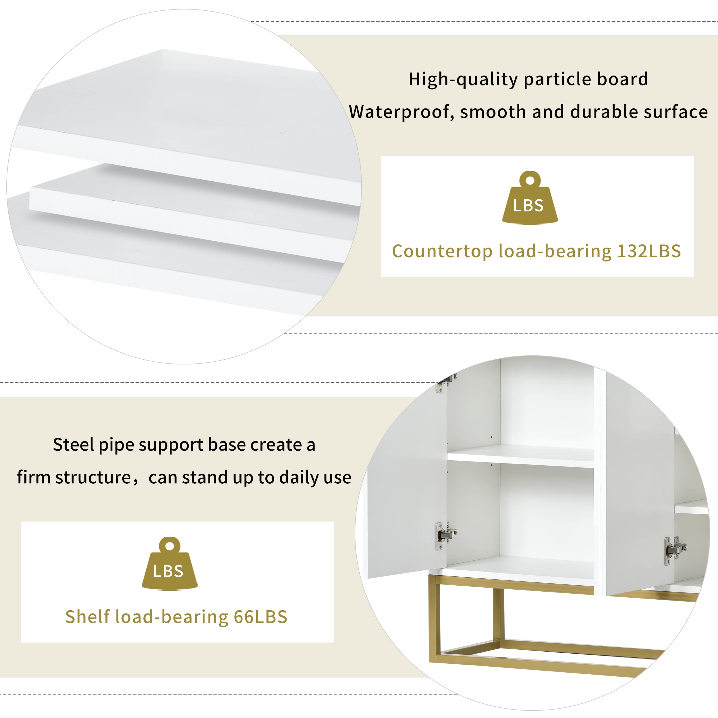 Modern White Sideboard Console Table with Metal Legs & Adjustable Shelf, Elegant Buffet Cabinet for Dining Room, Living Room, Entryway Storage Solution