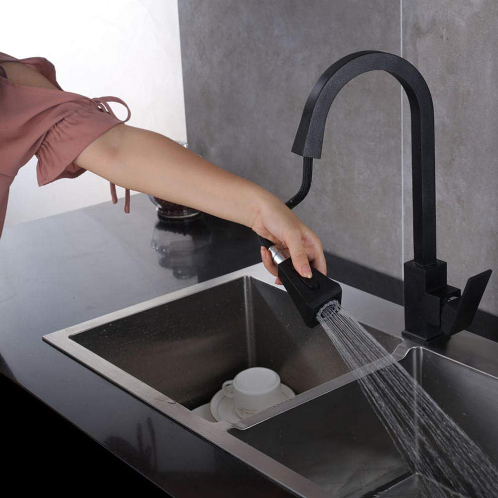 Black Pull Down Sprayer Kitchen Faucet with Copper Sink - Hot & Cold Water Telescopic Faucet for Modern Kitchens | Perfect for Washing Dishes, Filling Pots & Cleaning Sinks