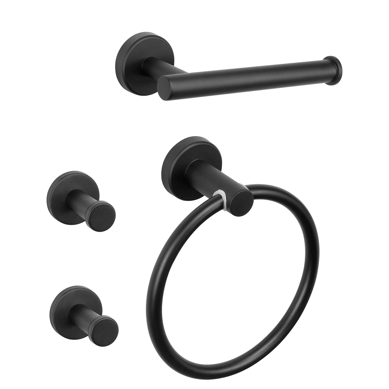 NearMoon 4-Piece Matte Black Stainless Steel Bathroom Hardware Set - Includes Towel Ring, Toilet Paper Holder & 2 Robe Hooks - Wall Mounted Bath Accessories for Modern Home Decor (Perfect for Bathroom, Powder Room & Spa Style Vanity)