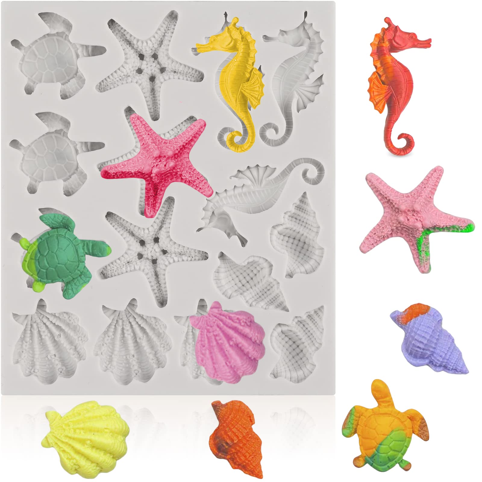 Sakolla Marine Theme Fondant Silicone Molds - Seashell, Conch, Seahorse, Starfish, Turtle Molds for Cake Decorating, Chocolate, Candy & Sugar Crafts | Perfect for Birthday Parties, Beach Weddings & Ocean-Themed Desserts