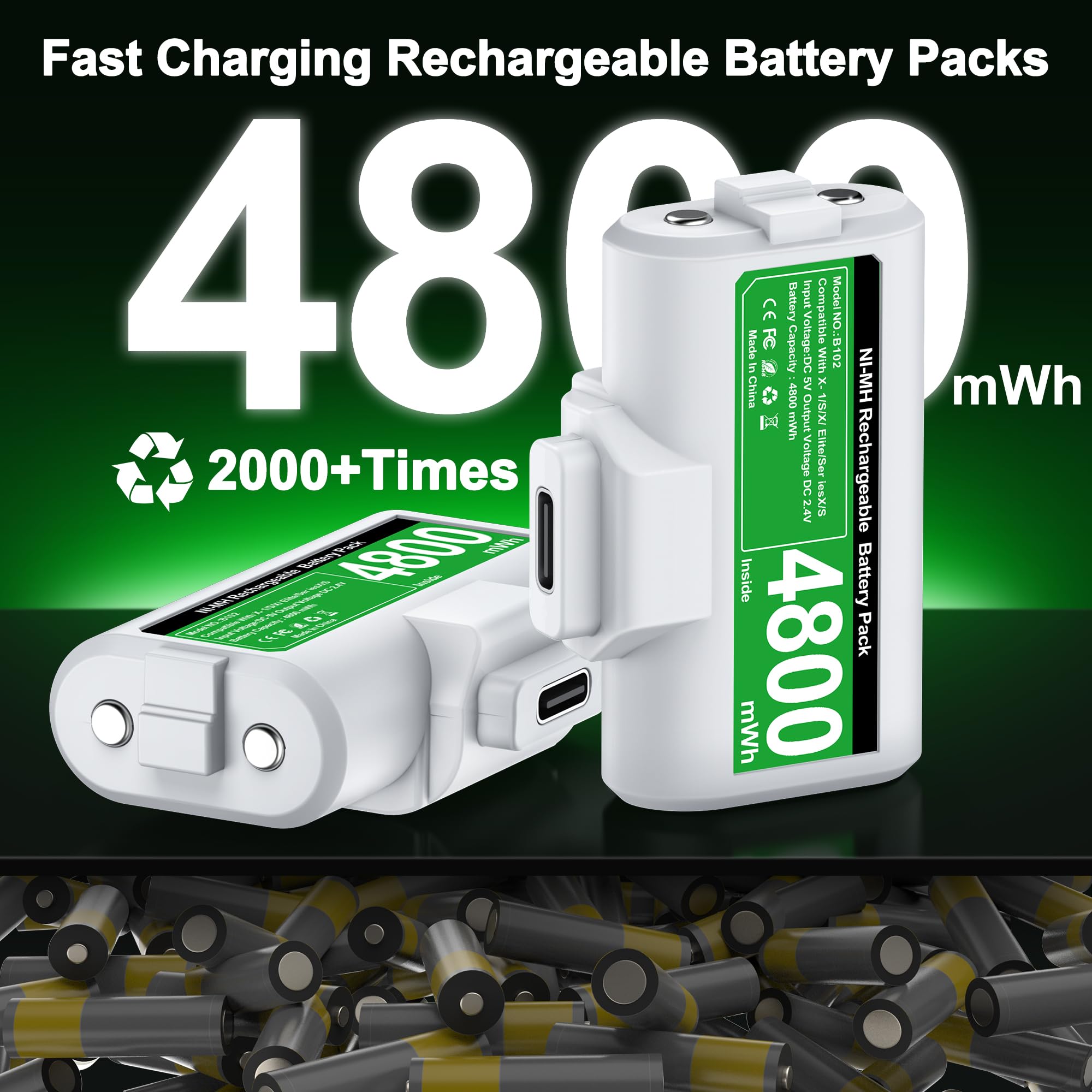 Rechargeable Xbox Battery Pack with 4 Back Covers & USB-C Charging Cable - 4800mWh Dual Battery Charger Kit for Xbox One & Series X/S Controllers (White) - Perfect for Long Gaming Sessions & Multiplayer Gaming
