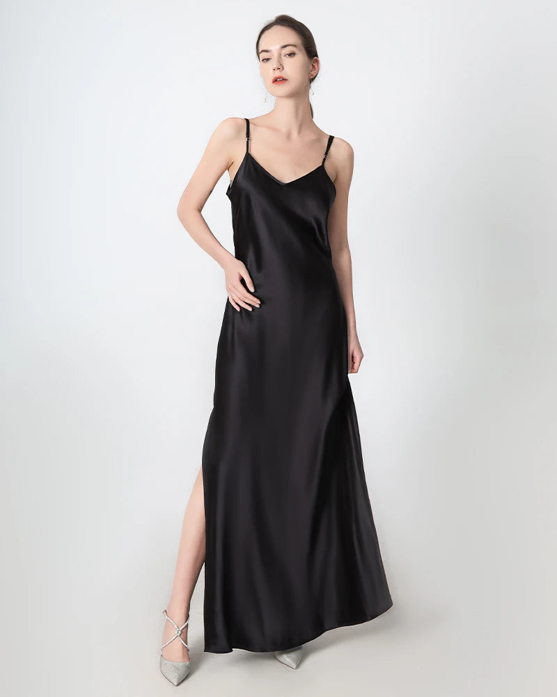 Elegant Slit V-Neck Maxi Silk Dress for Women - Flowy Long Formal Evening Gown - Perfect for Weddings, Parties & Special Occasions