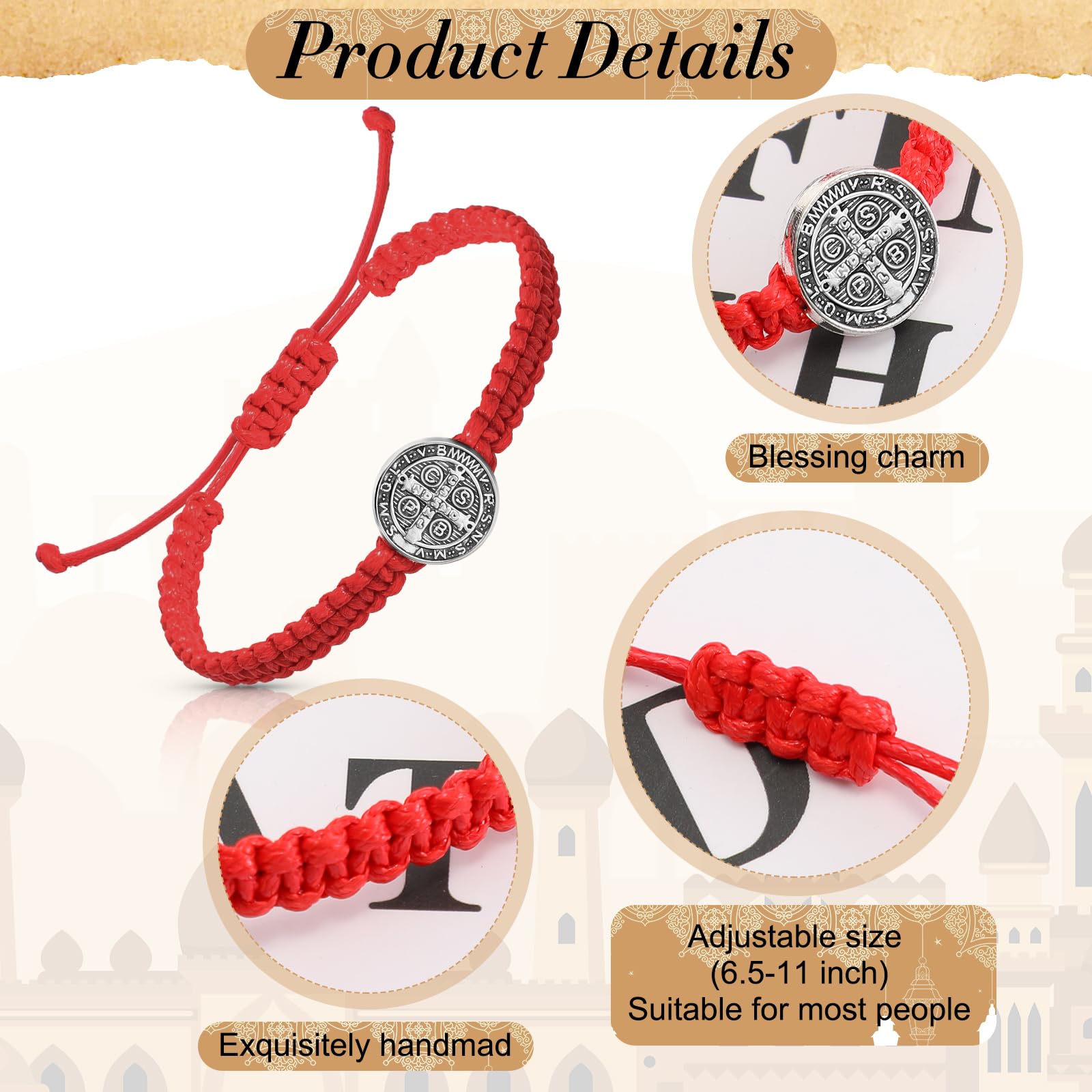 Fumete 2 Pack Catholic Saint Benedict Medal Adjustable String Bracelets - Religious Gifts for Men & Women, Birthday & Holiday Presents - Perfect for Daily Wear, Church Services & Spiritual Protection