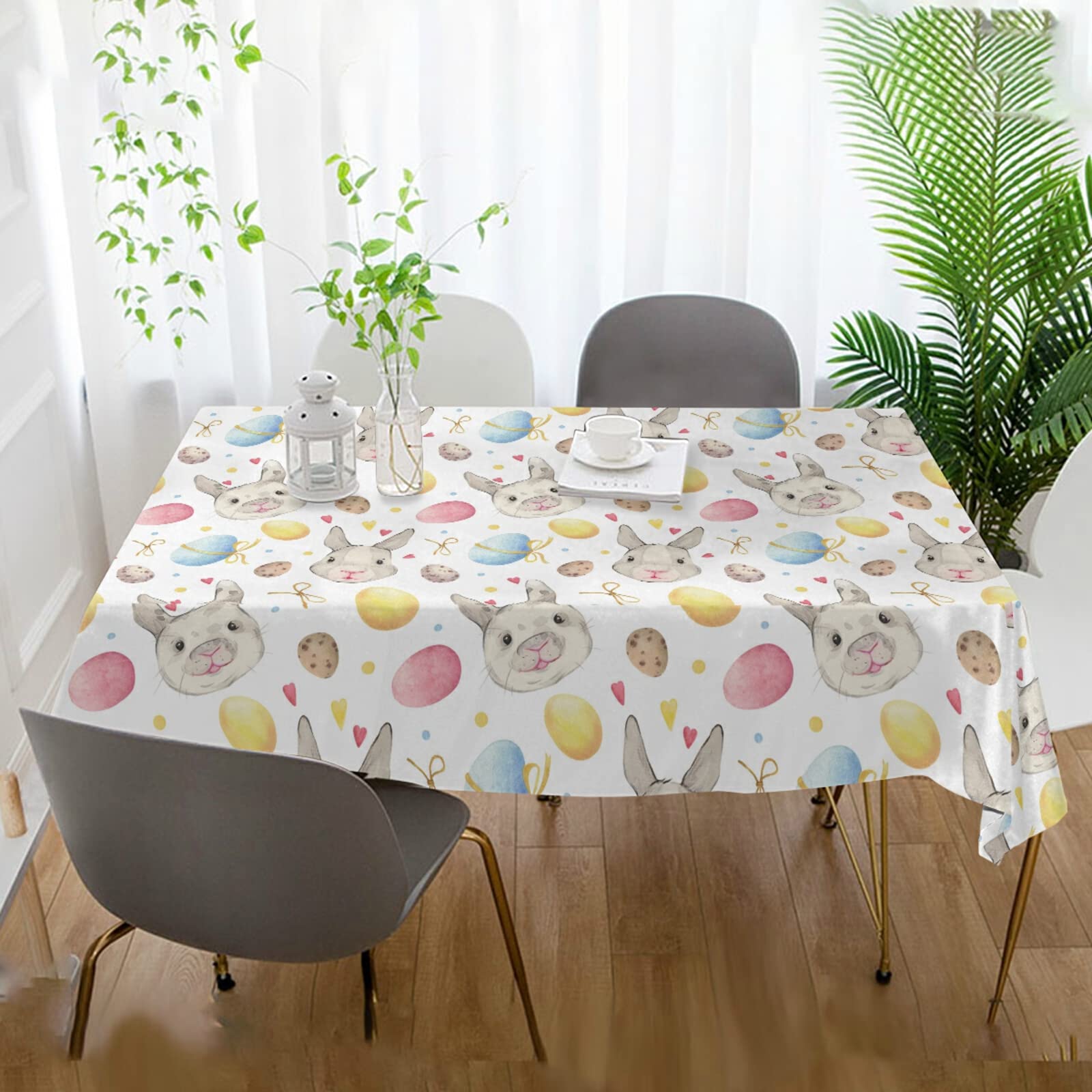 Easter Tablecloth with Bunny & Egg Design - Stain Resistant, Washable Square/Rectangle Fabric Table Cover for Dining, Parties, Outdoor Picnics & Spring Celebrations