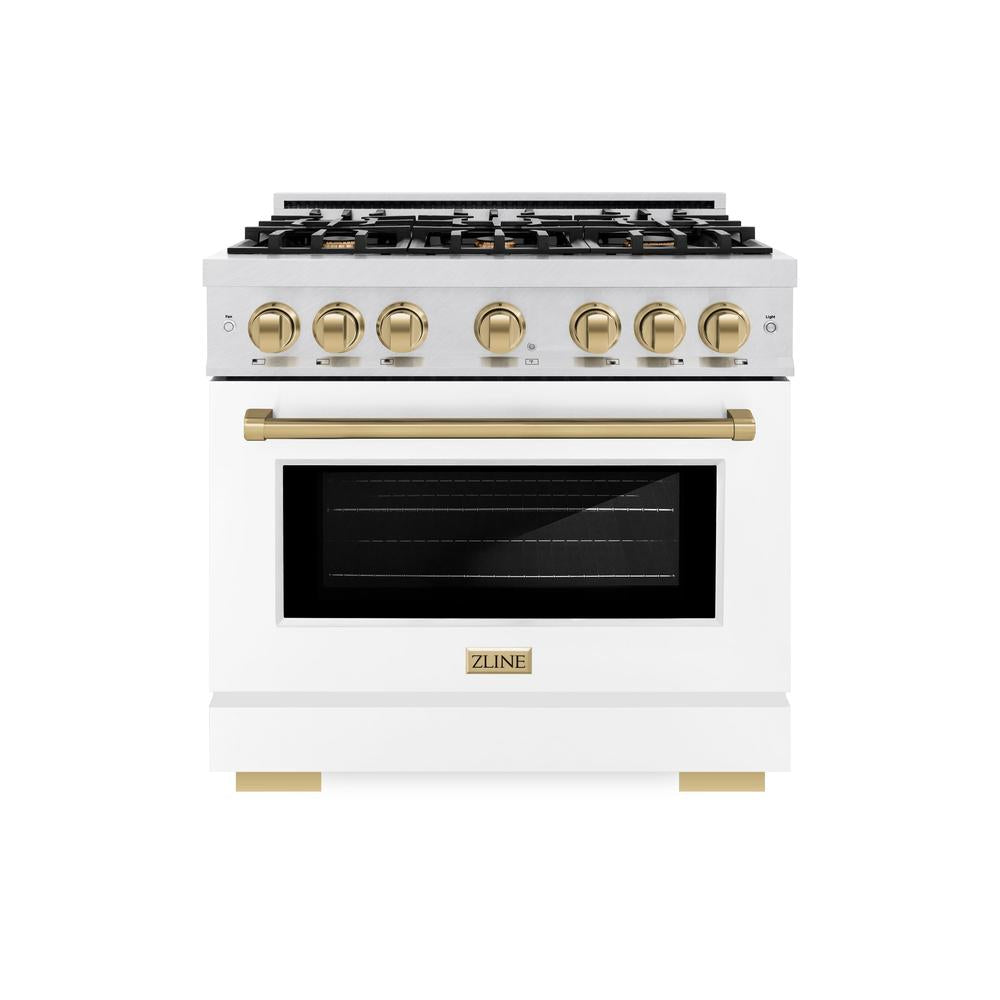 ZLINE Autograph Edition 36-inch 5.2 cu. ft. Dual Fuel Range - 6 Burner Gas Cooktop & Electric Convection Oven - Satin Stainless Steel with White Matte Door & Champagne Bronze Accents (HDRSZ WM 36 CB) | Professional Kitchen Appliance for Home Chefs & Cooking Enthusiasts