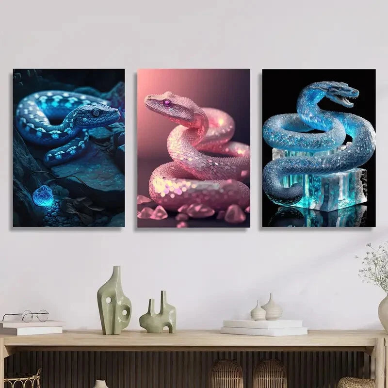 3-Piece Glowing Snake Animal Statue - Metal Wall Art Print Ready to Hang - Perfect for Home Decor, Office & Halloween Party Decoration